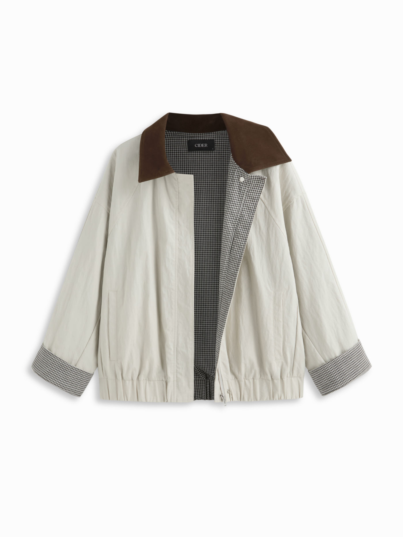 Cotton-Blend Gingham Colorblock Collar Zip Through Oversized Barn Jacket