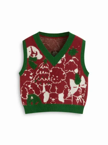 Strick-V-Ausschnitt Weihnachtsmuster Kontrastborte Weste