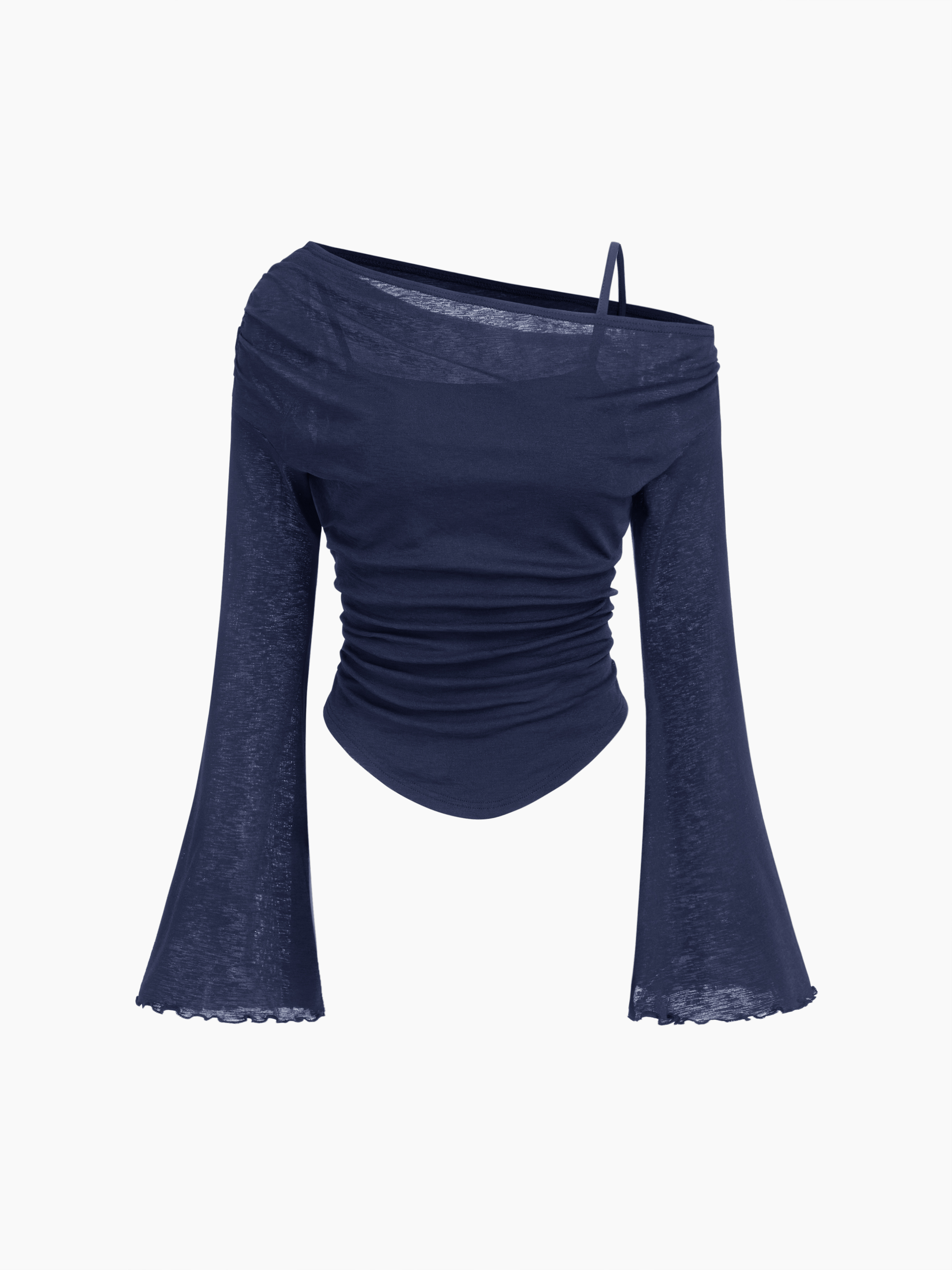 Tricot Asymmetrical Neck Ruched Lettuce Trim Tee For Rencard