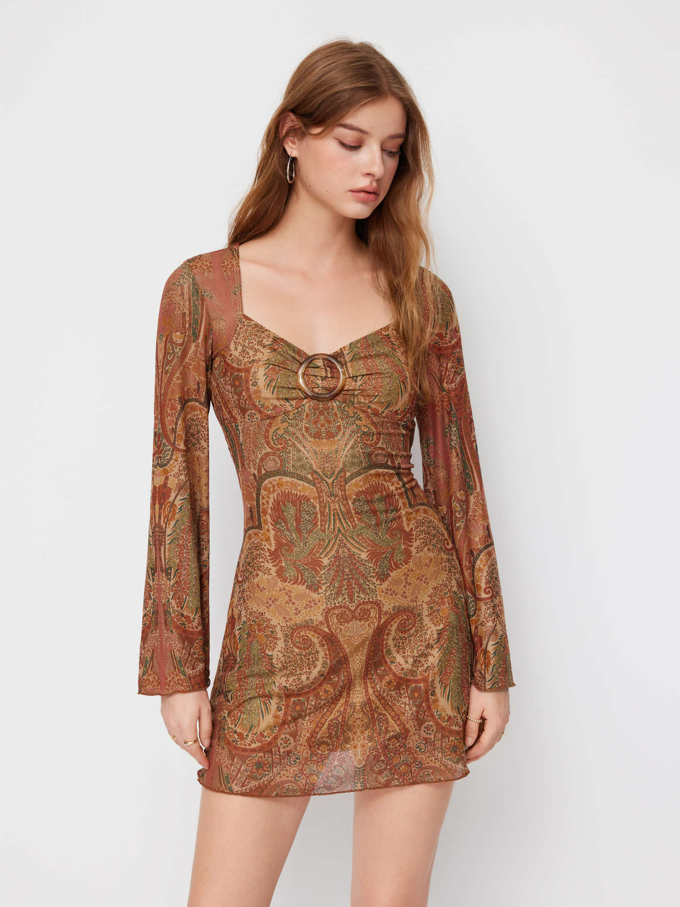 Mesh Sweetheart Neck Paisley O-Ring Ruffle Hem Mini Dress