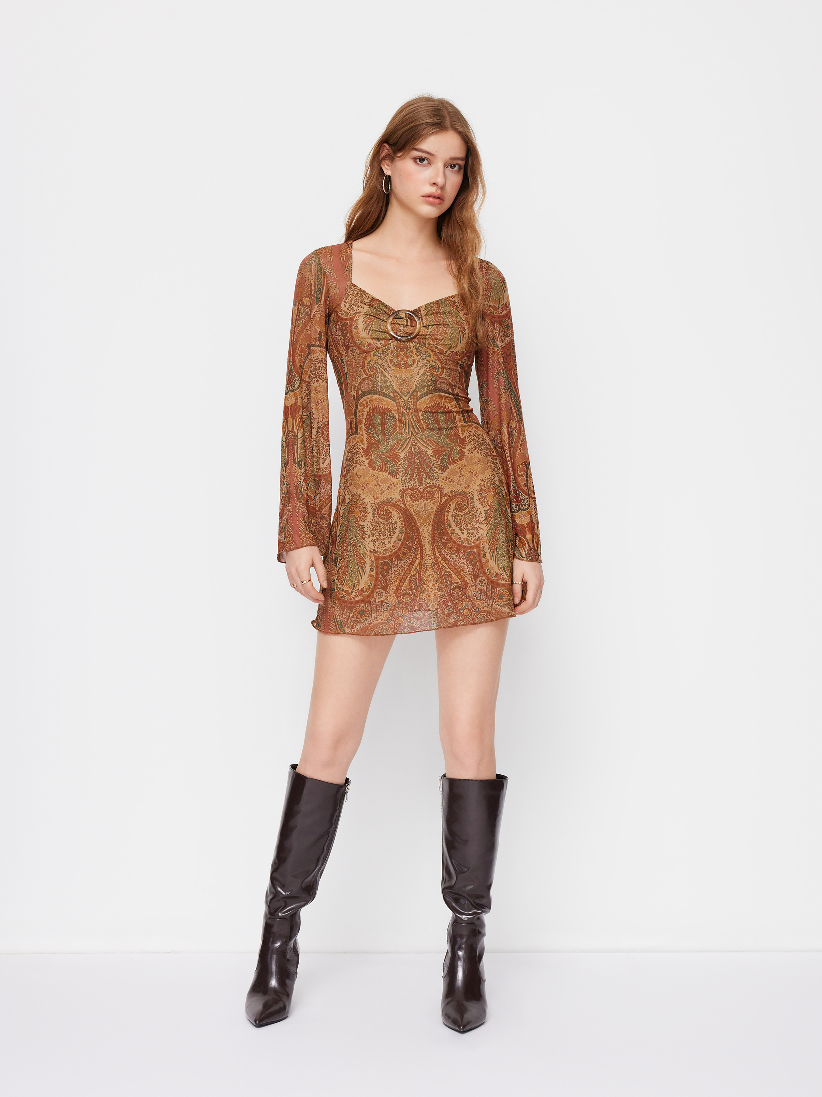 Mesh Sweetheart Neck Paisley O-Ring Ruffle Hem Mini Dress