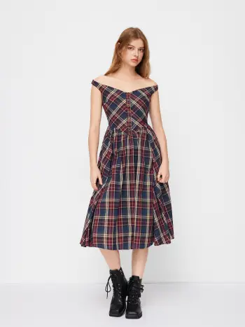 Cotton Plaid Off-shoulder Button Front Ruffle Midi Dress