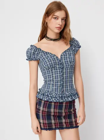 Blusa a strati con volant, arricciata, con orlo a lattuga e motivo tartan Sweetheart