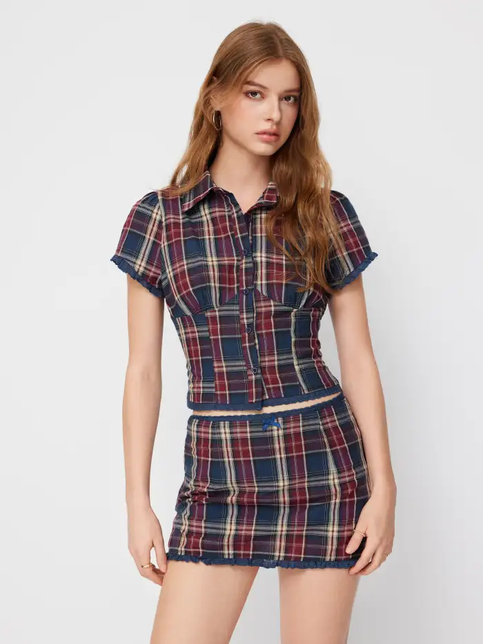 Woven Cotton-blend Collar Double Breasted Short Puff Sleeve Oversized Blouse For Daily Casual