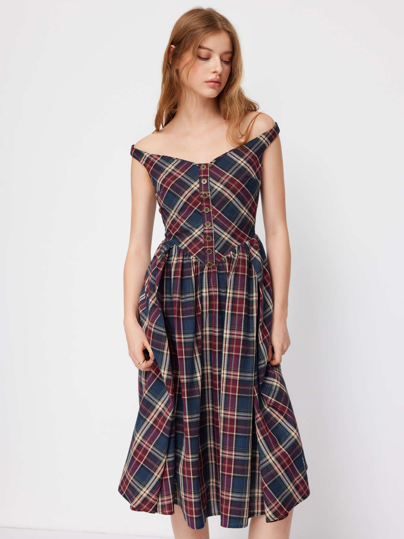 Woven Cotton Plaid Off-shoulder Button Front Ruffle Midi Dress For Daily Casual Holiday