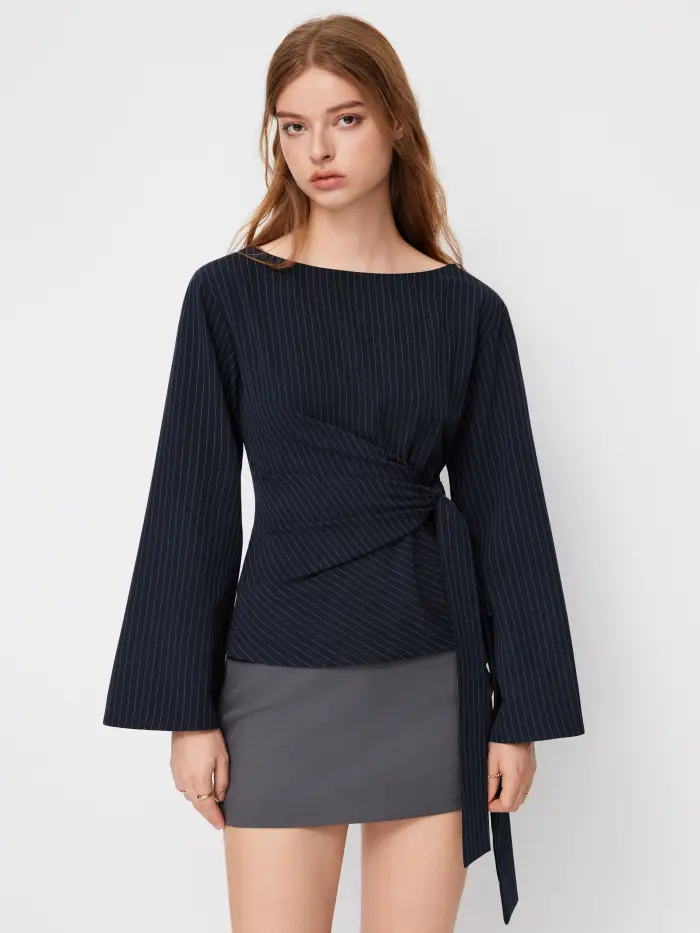 Boat Neck Stripe Knotted Bell Sleeve Blouse