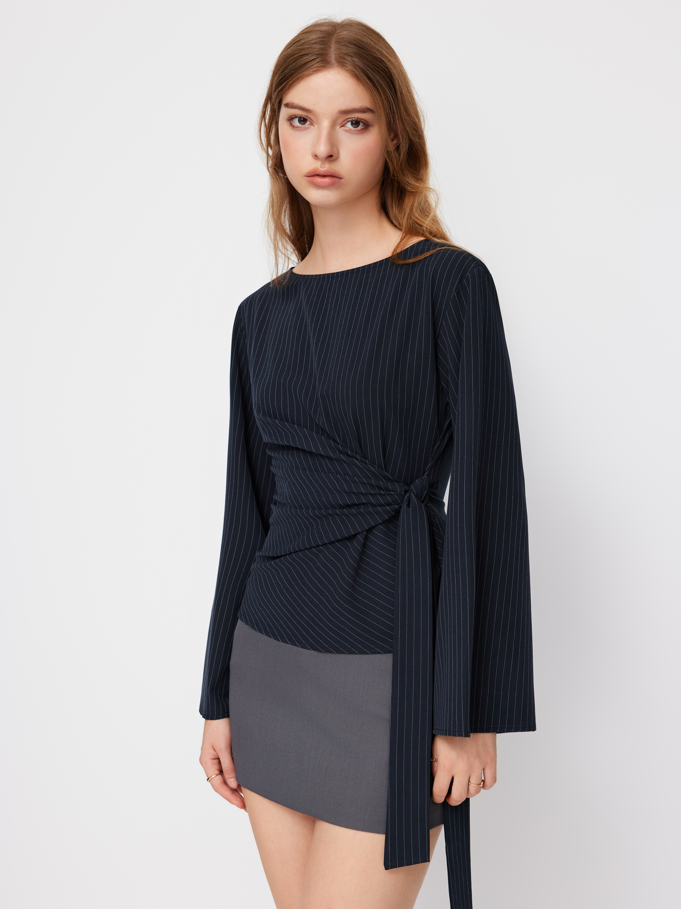 Boat Neck Stripe Knotted Bell Sleeve Blouse