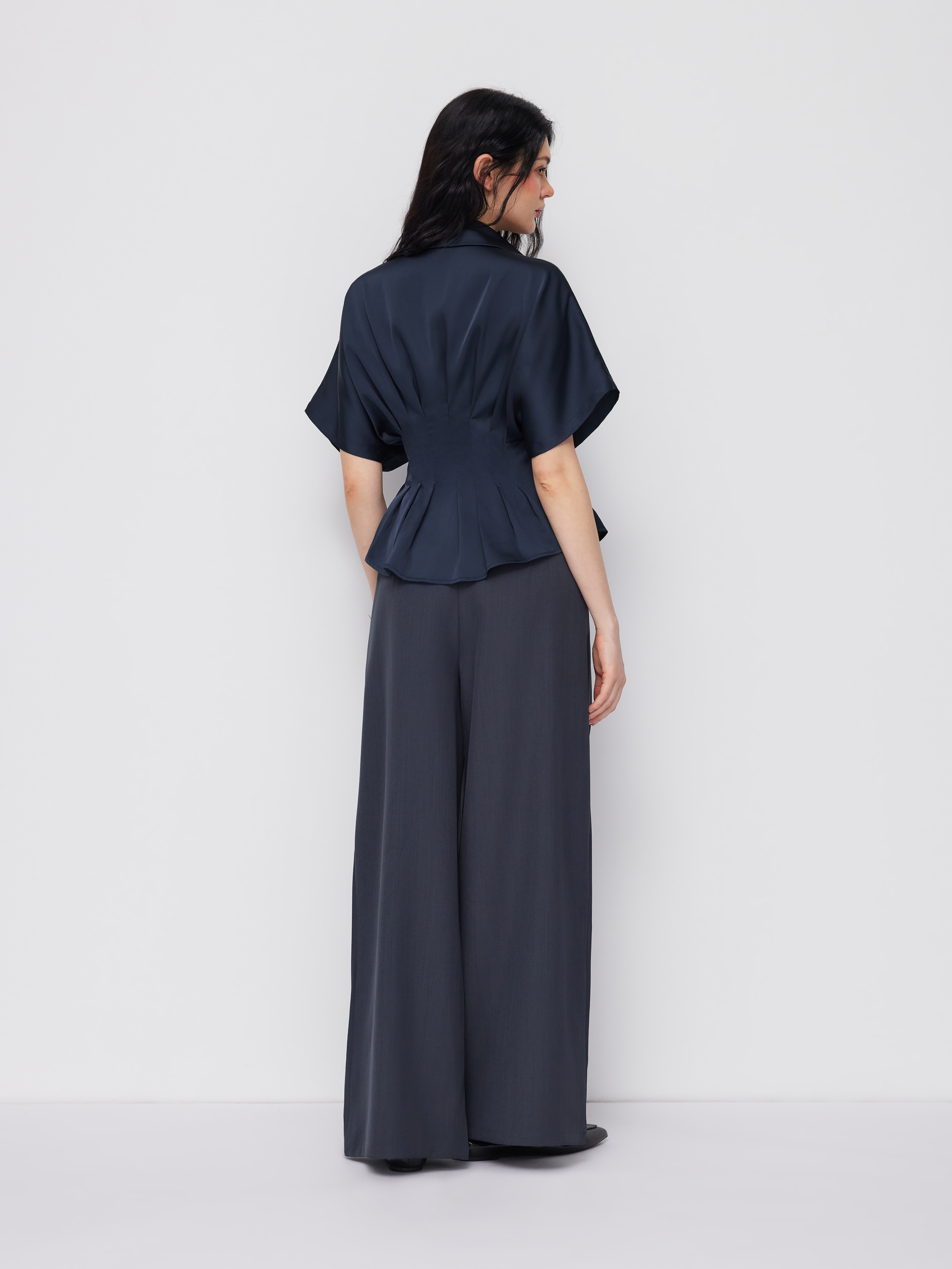 Satin Collar Pleated Cinched Short Sleeve Shirt