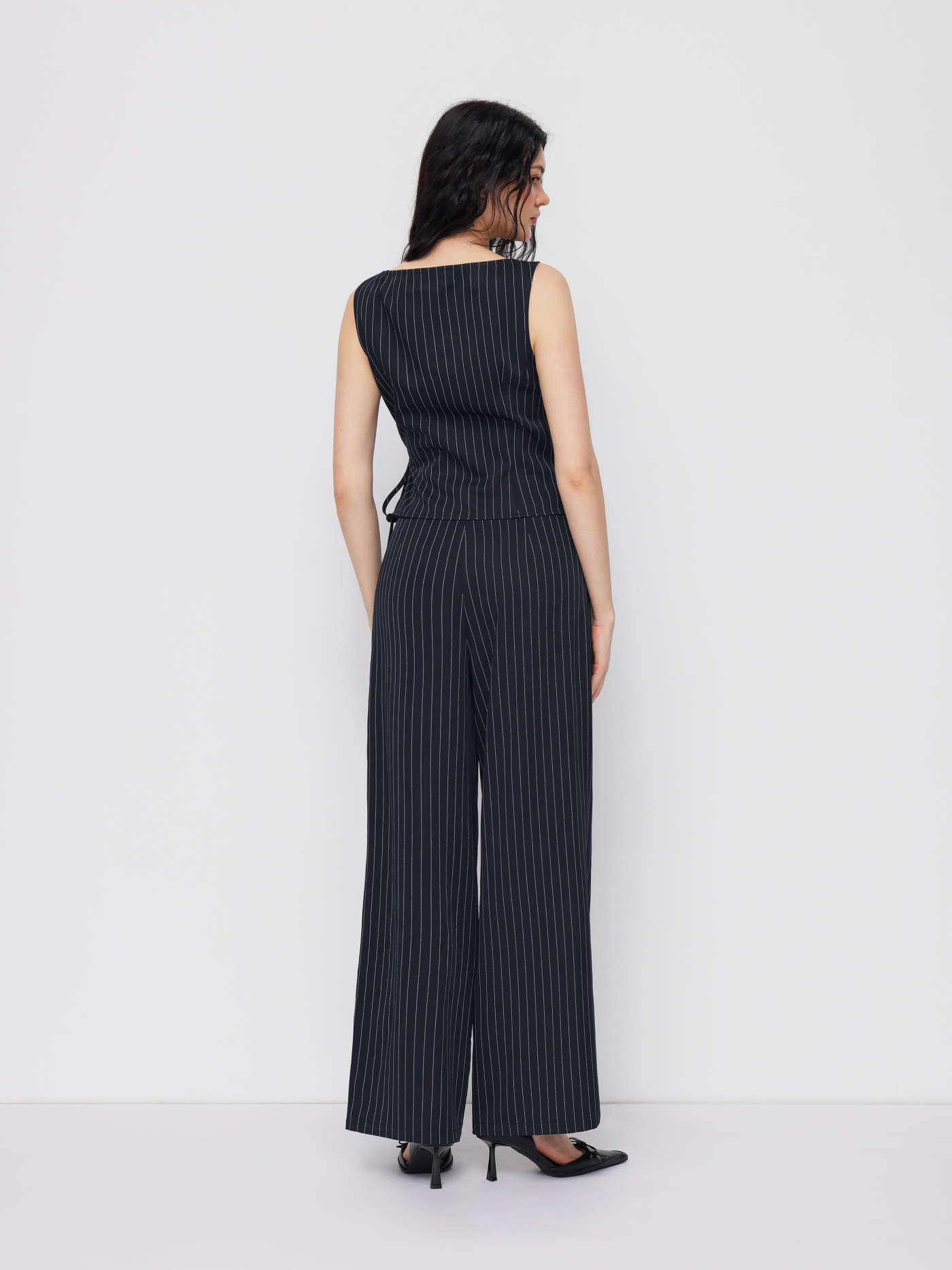 Boat Neck Striped Wrap Knotted Top & Mid Rise Straight Leg Trousers Set