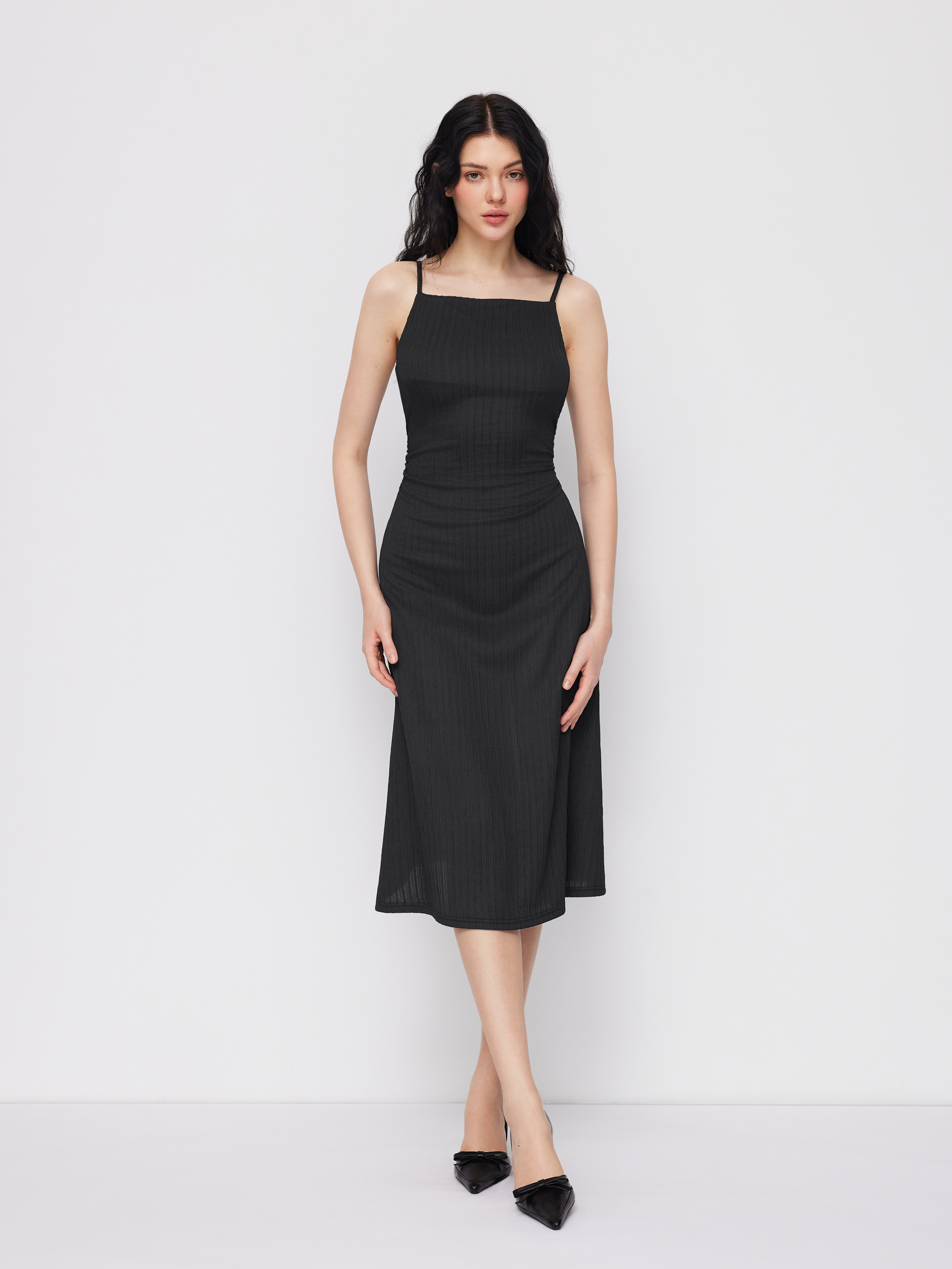 Square Neck Ruched Midi Slip Dress