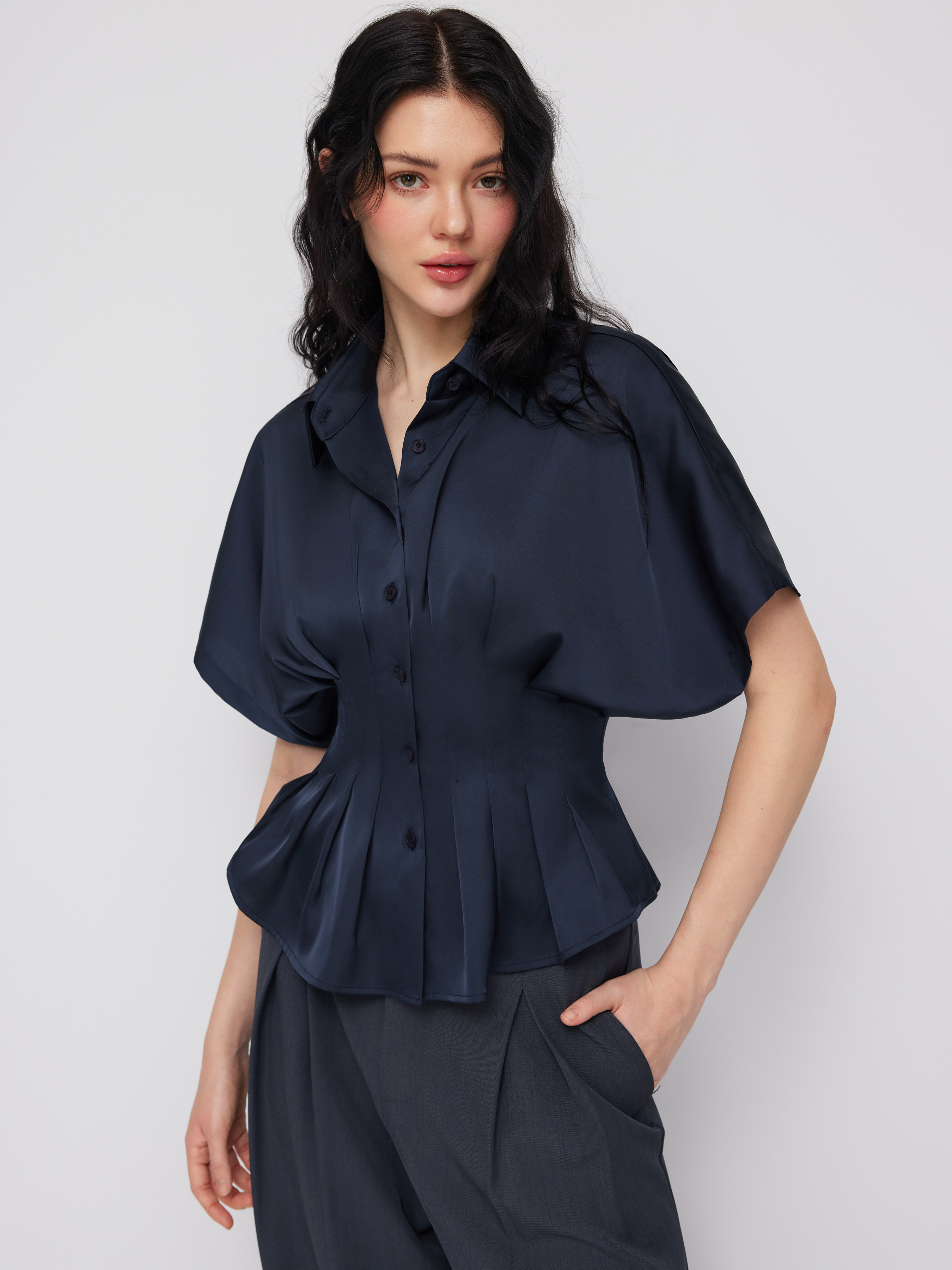Satin Collar Pleated Cinched Short Sleeve Shirt