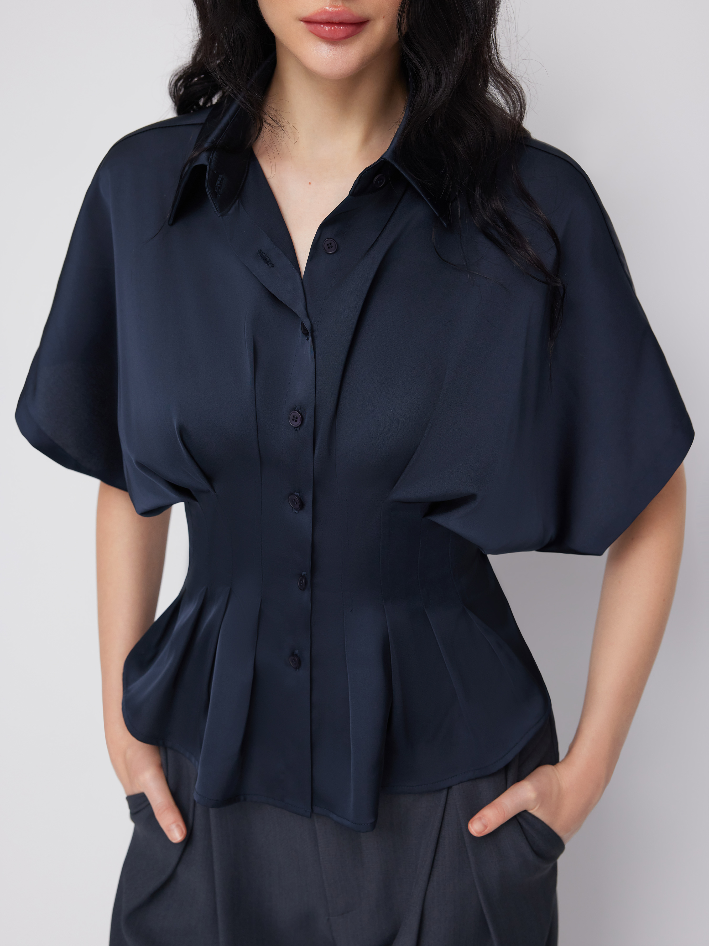 Satin Collar Pleated Cinched Short Sleeve Shirt