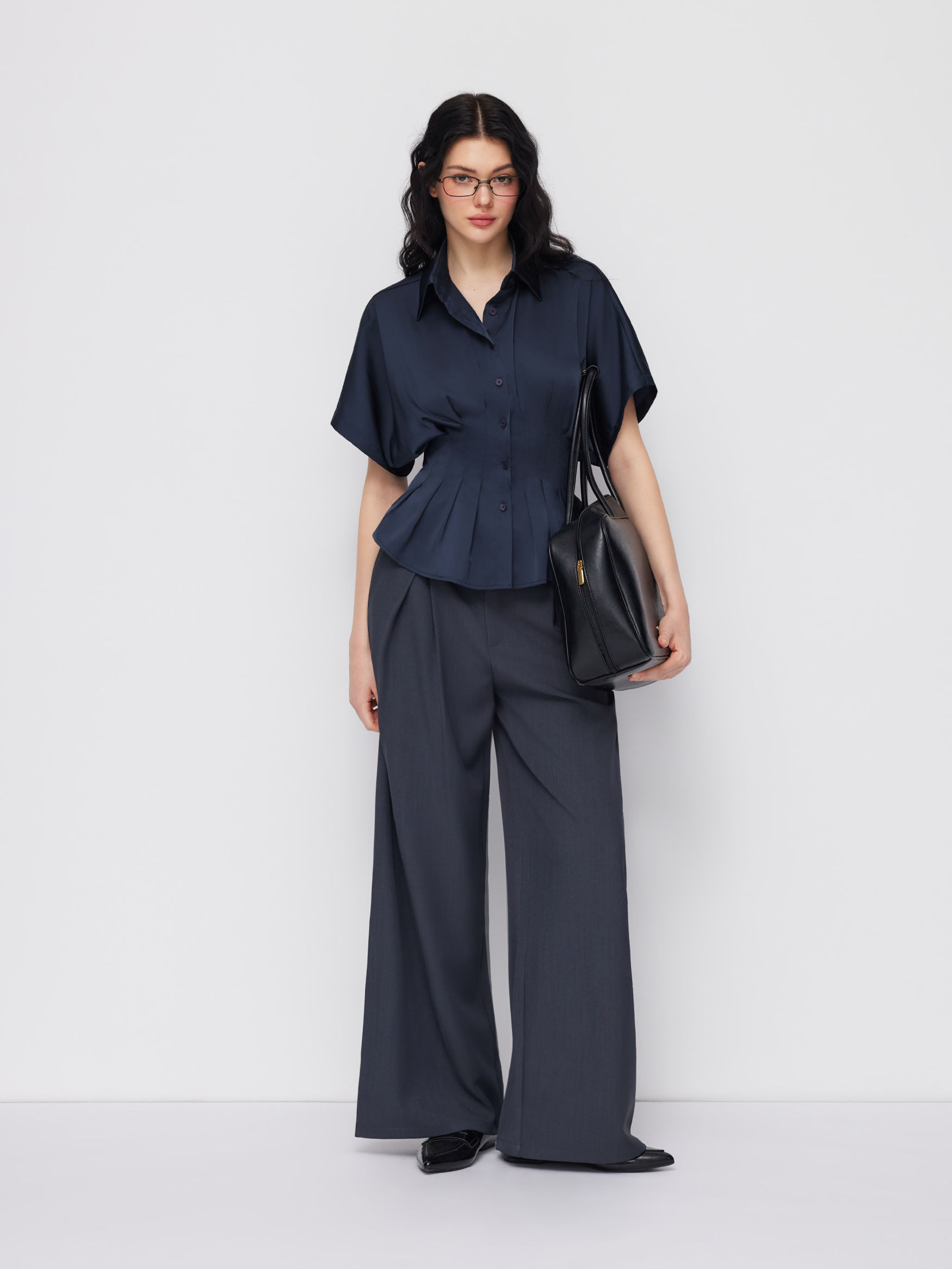 Satin Collar Pleated Cinched Short Sleeve Shirt