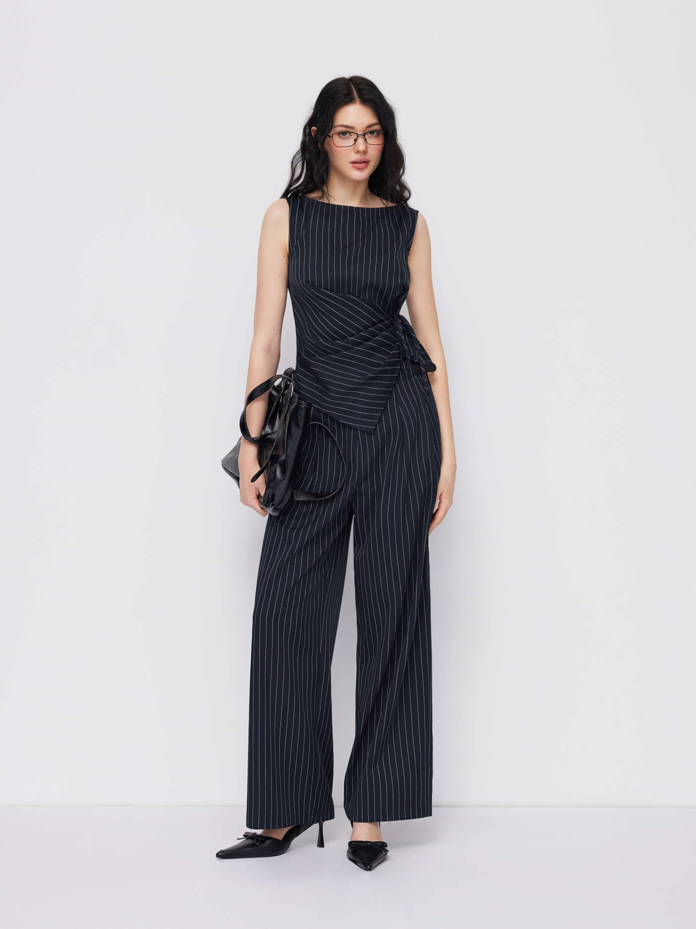 Boat Neck Striped Wrap Knotted Top & Mid Rise Straight Leg Trousers Set