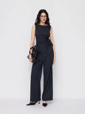 Boat-Hals Streifen Wrap Knot Top & Mittelhohe Gerade Beine Hosen Set