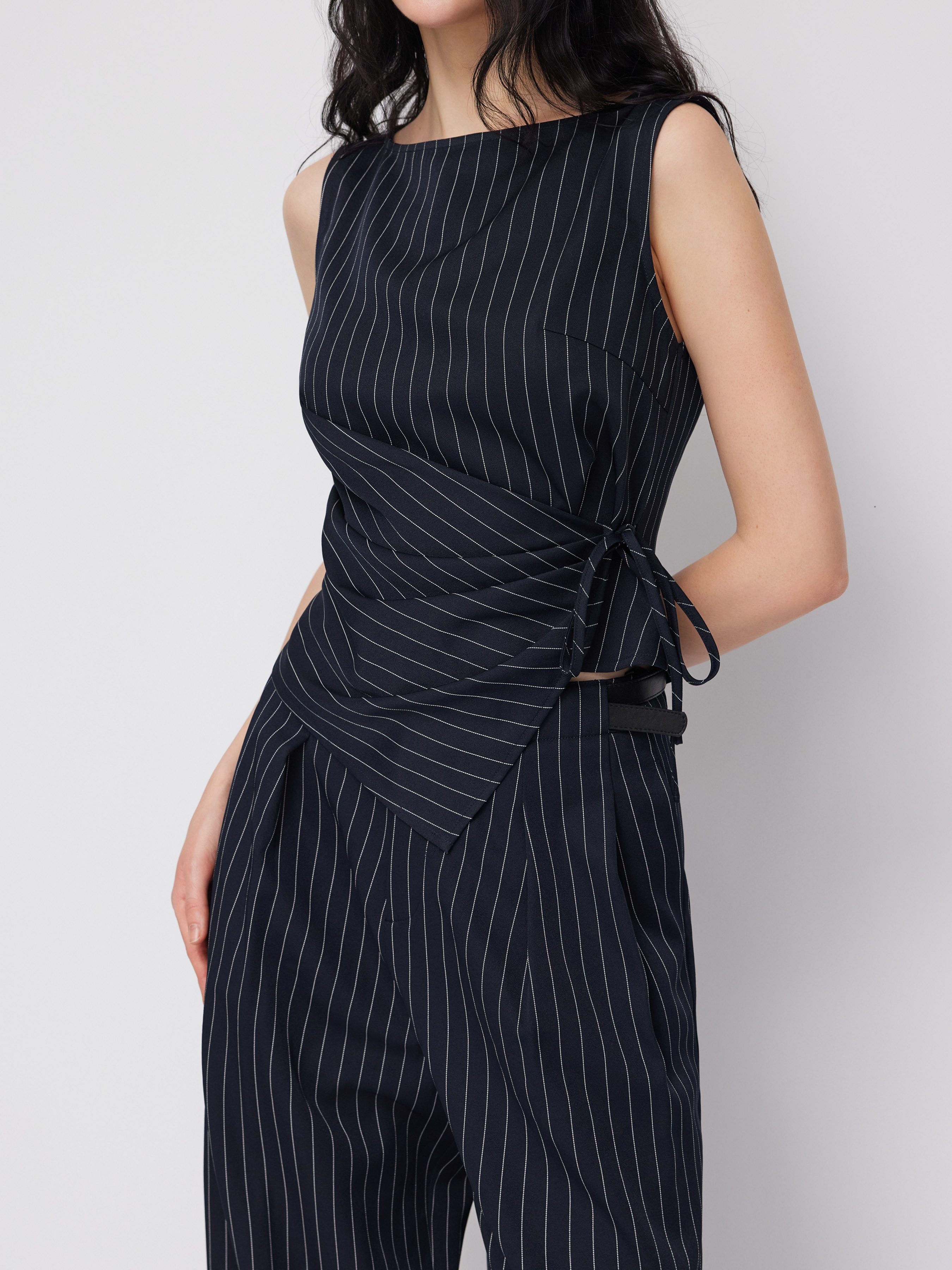 Boat Neck Striped Wrap Knotted Top & Mid Rise Straight Leg Trousers Set