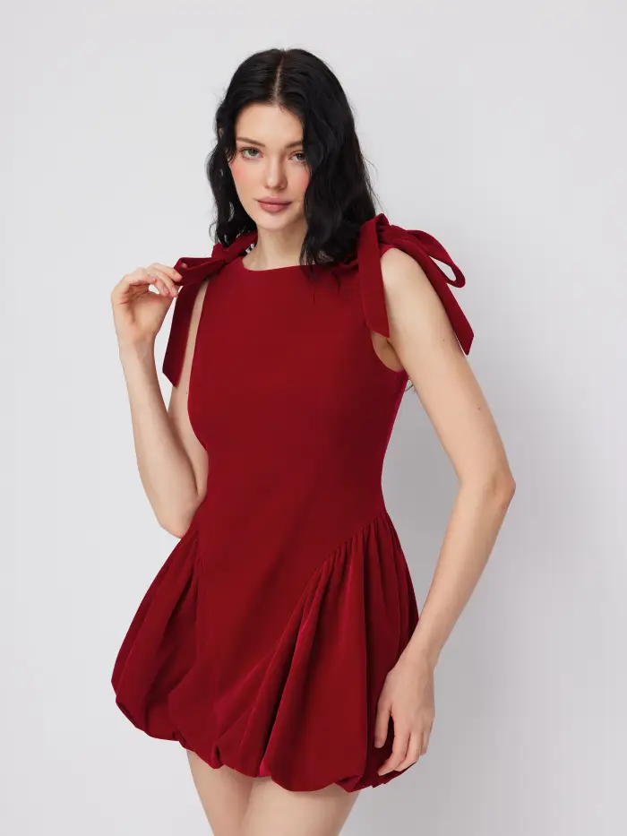Velvet Boat Neck Bowknot Bubble Hem Mini Dress