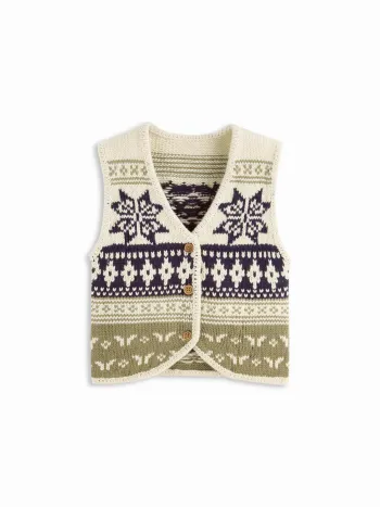 Strick-V-Ausschnitt-Knopf-Schneeflocken-Fair-Isle-Weste