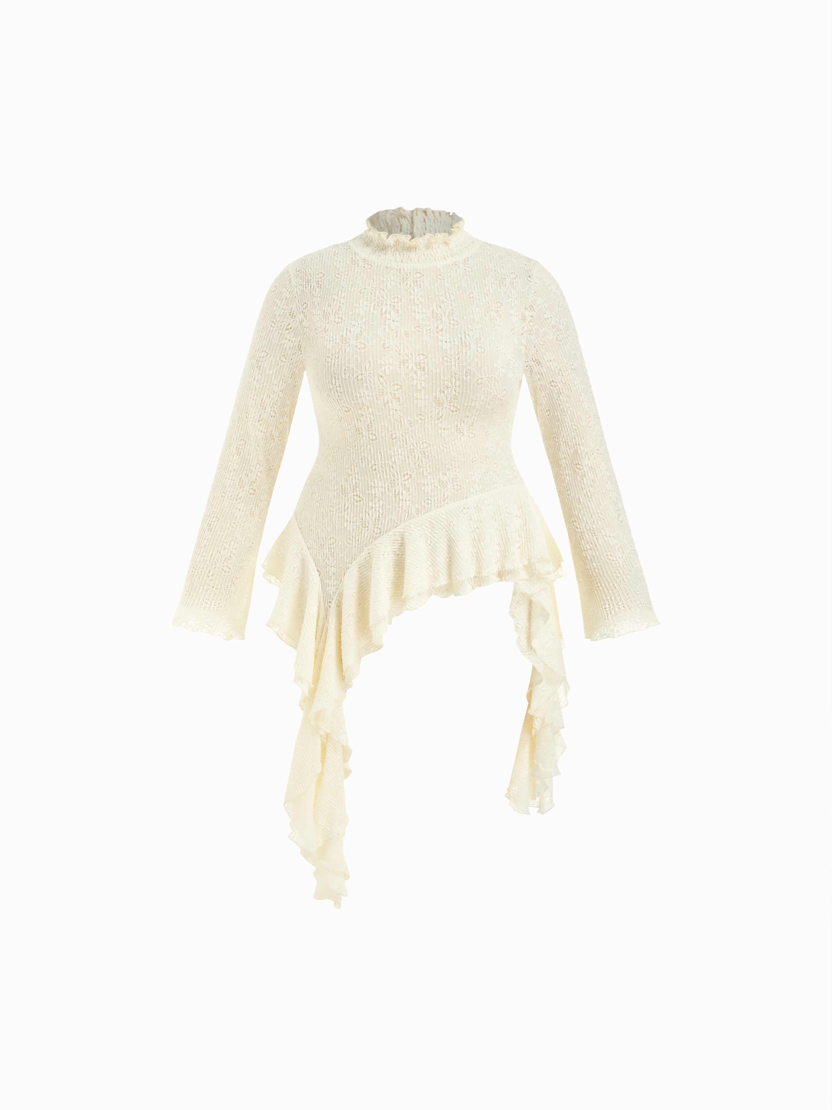 Lace Lace Texture High Neck Pointelle Asymmetrical Ruffle Hem Top