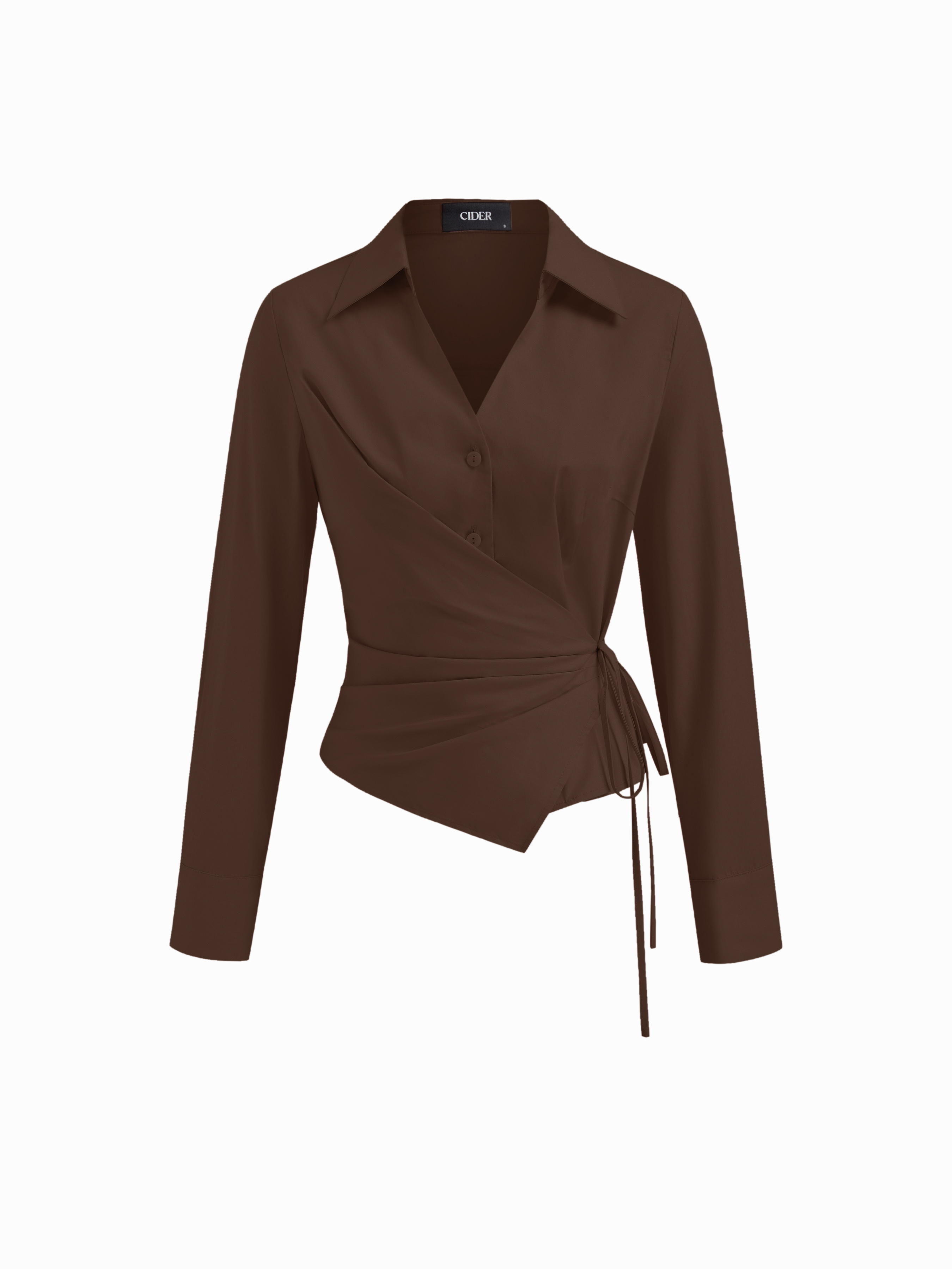 Tissé 100% Cotton Collar V-neck Long Sleeve Wrap Tie Side Shirt For Travail