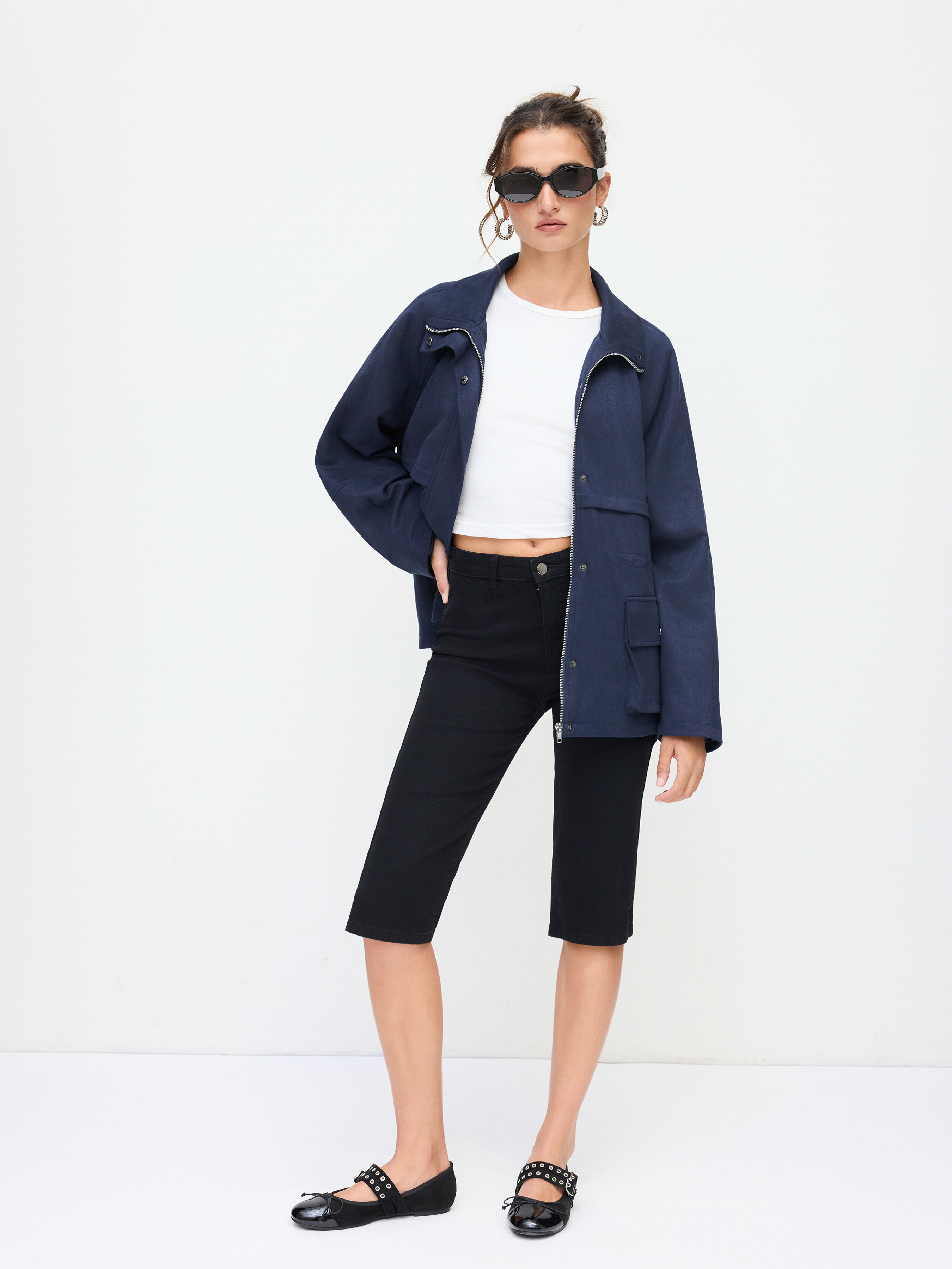 Woven Stand Collar Drawstring Zip Through Oversized Jacket