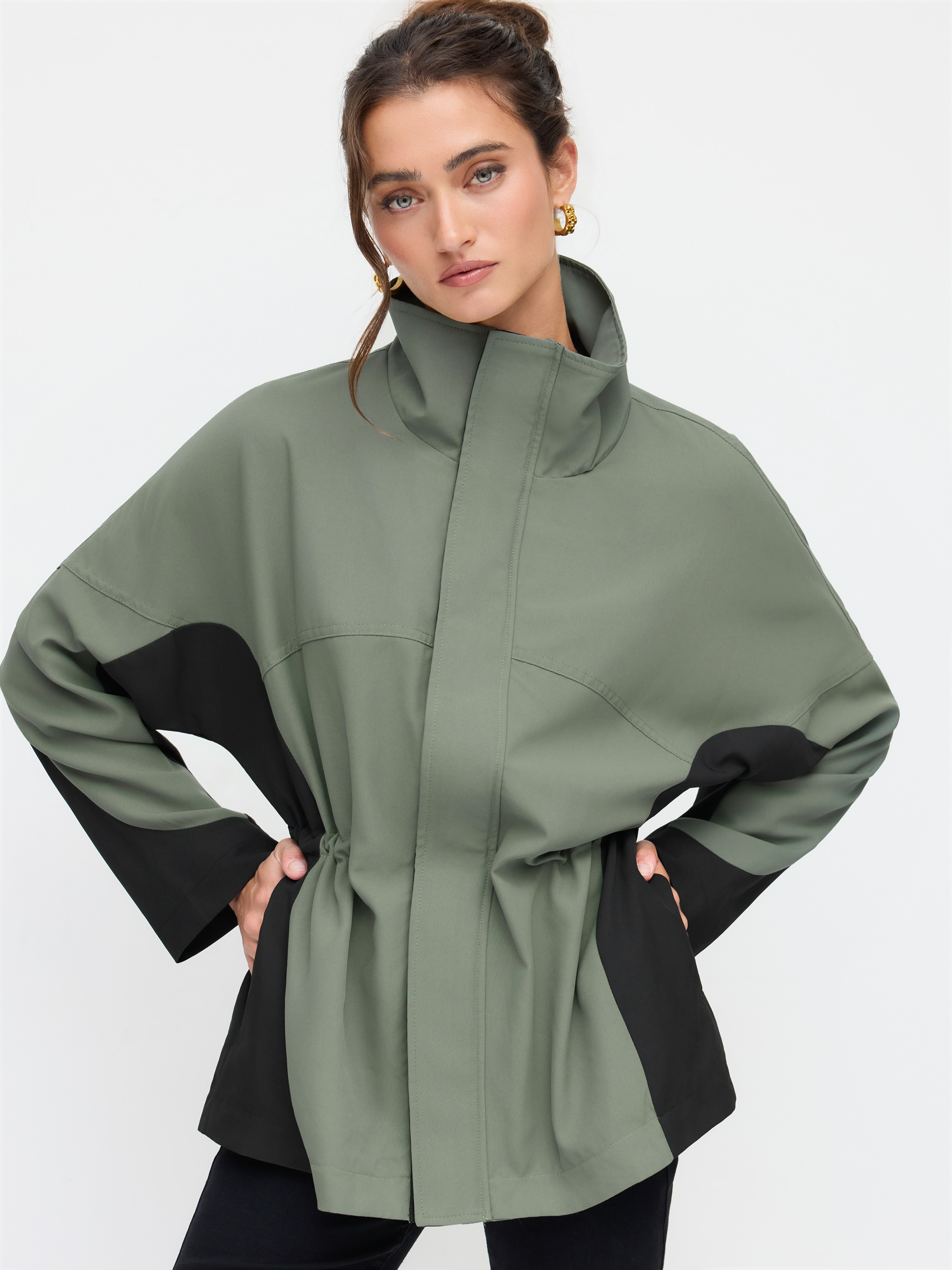 織布 スタンドカラー ドローストリング ジップアップ オーバー