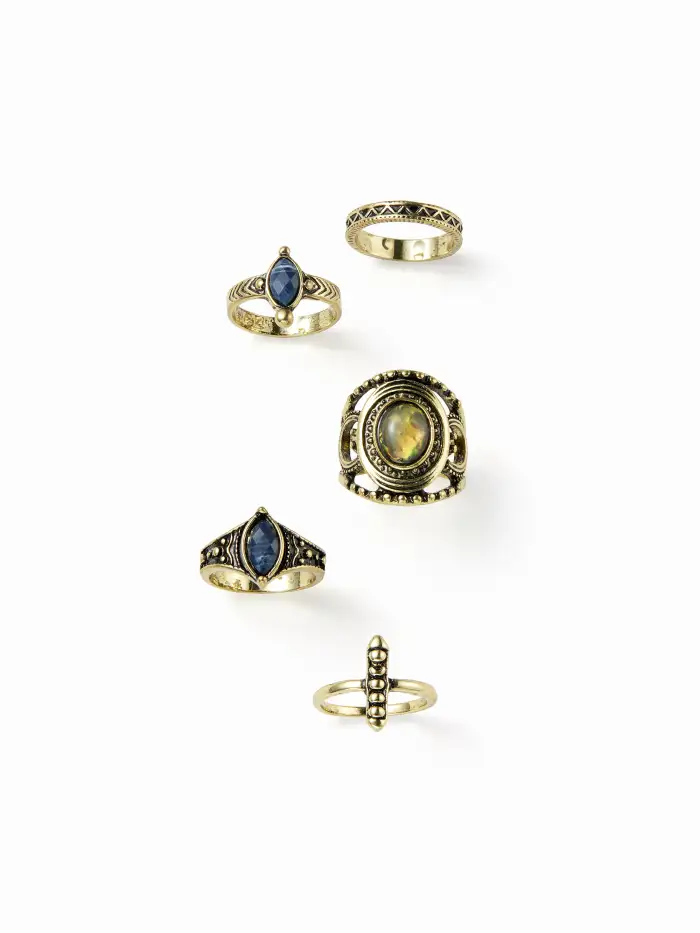 7PCS GEMSTONE & RHINESTONE & LEAF RING SET