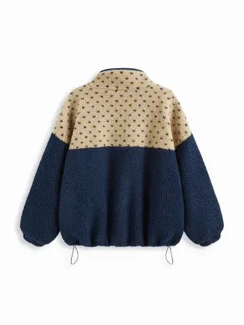 Fleece-Standkragen-Zweifarben-Patch-Haubenpullover mit Schnürung Oversize Kurve & Plus