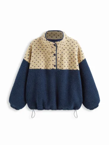 Fleece-Standkragen-Zweifarben-Patch-Haubenpullover mit Schnürung Oversize Kurve & Plus