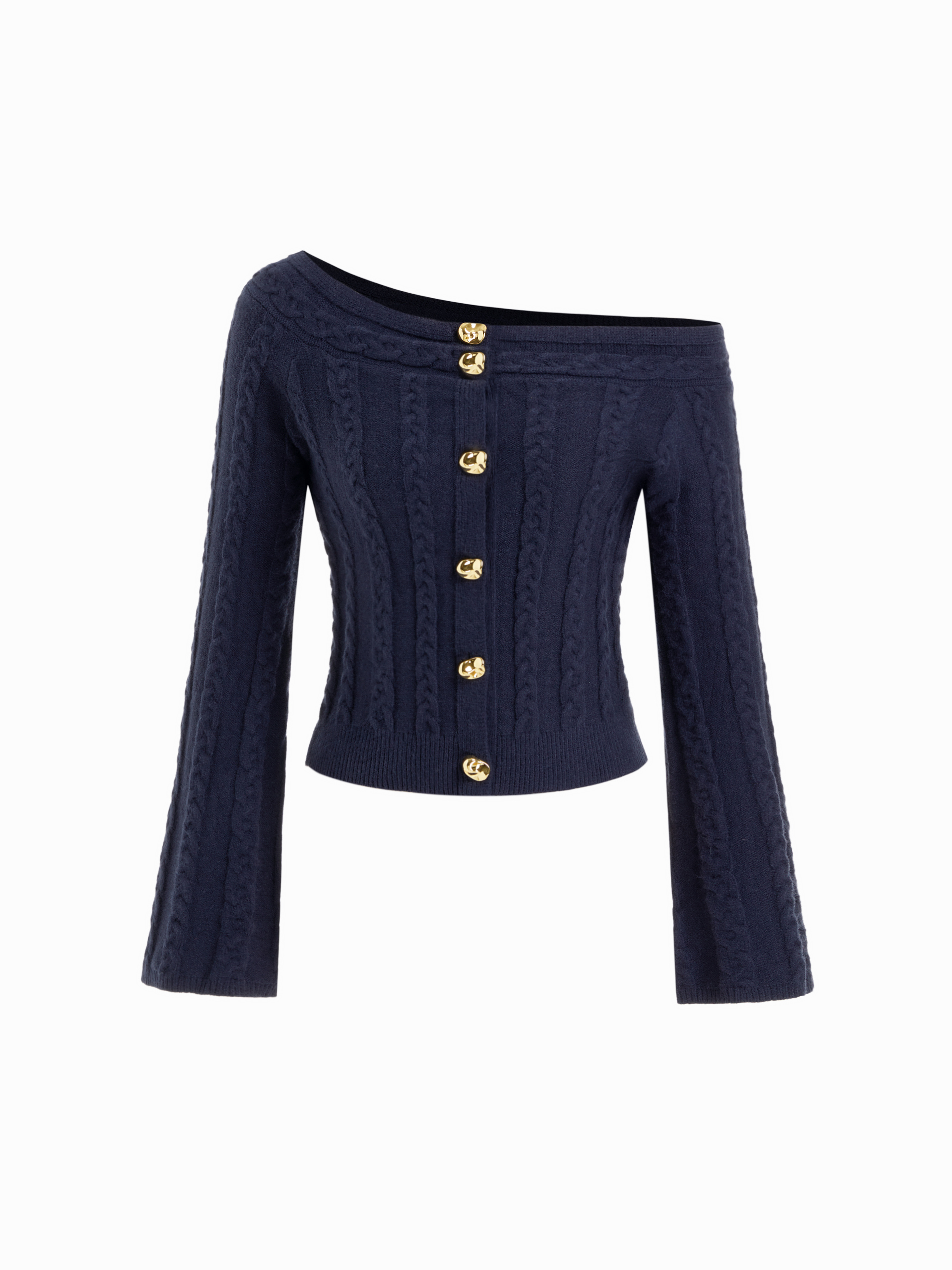 Multi-way Cable Knit Boat Neck Metal Detail Cardigan