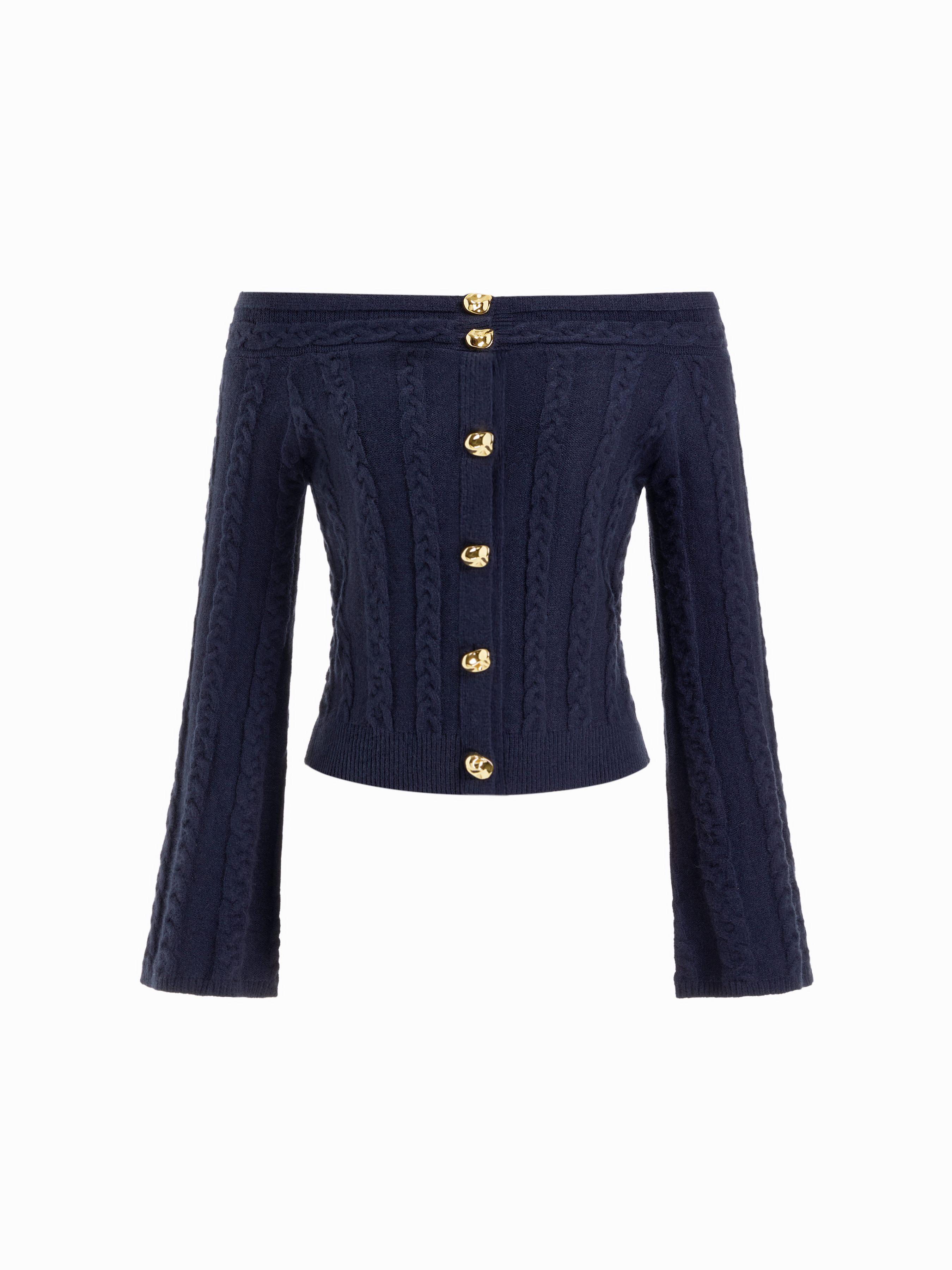 Multi-way Cable Knit Boat Neck Metal Detail Cardigan