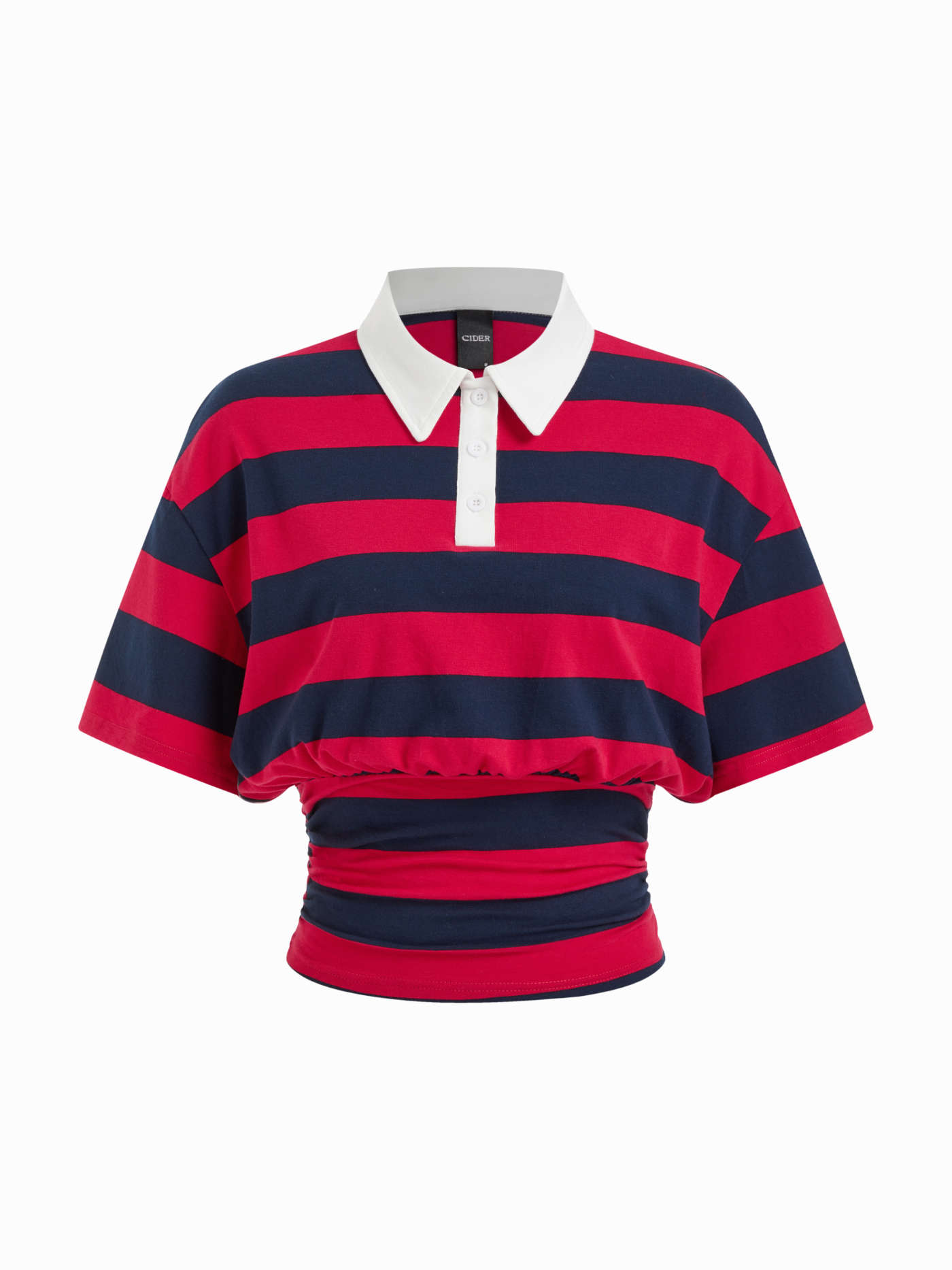 Knit Fabric Cotton-blend Stripe Collar Short Sleeve Cinched Waist Tee For Daily Casual