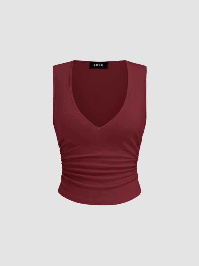 Knit Fabric Cotton-blend V-neck Ruched Tank Top For Daily Casual