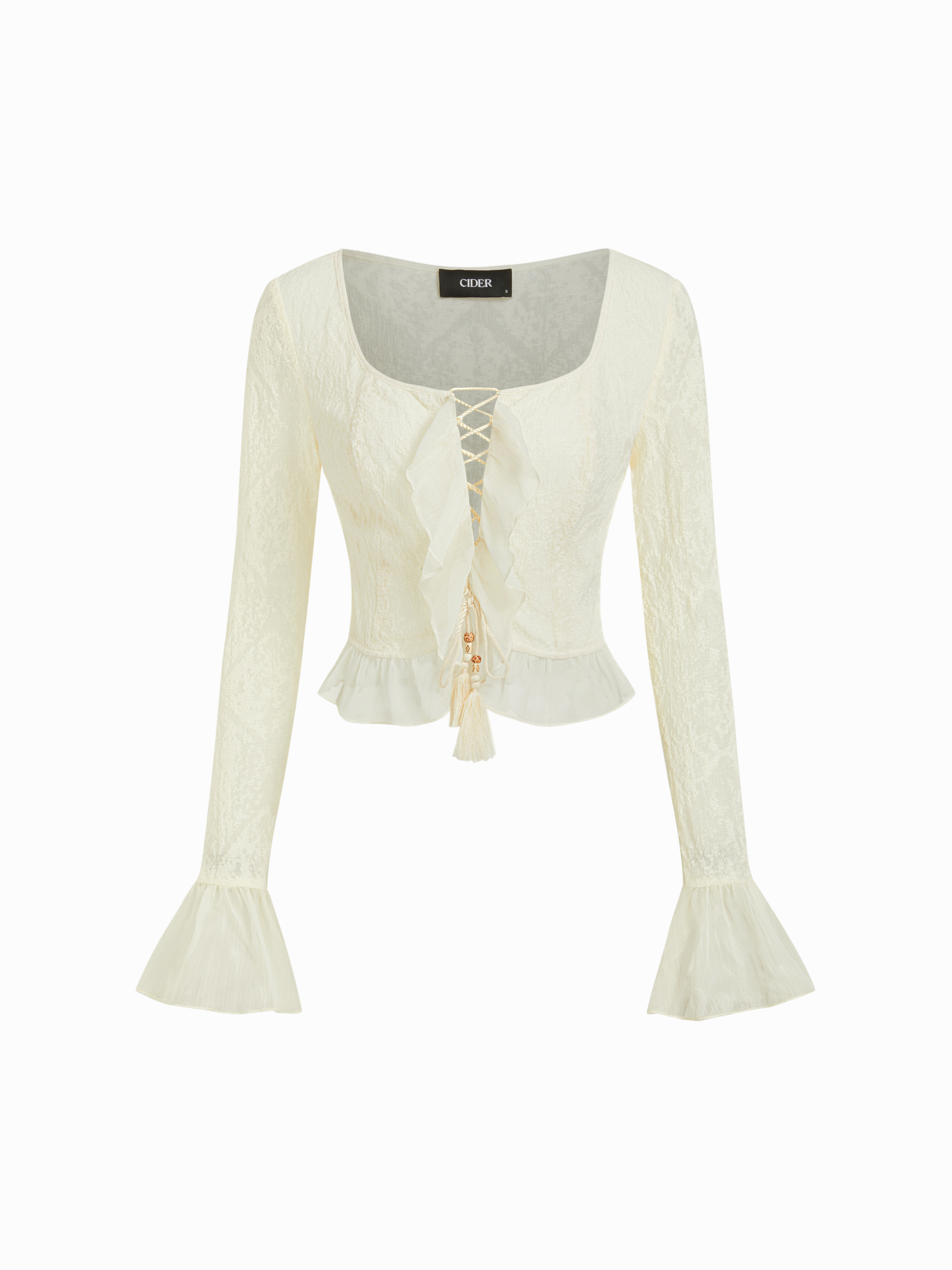 Chemise à manches longues en dentelle brodée de perles, col carré texturé