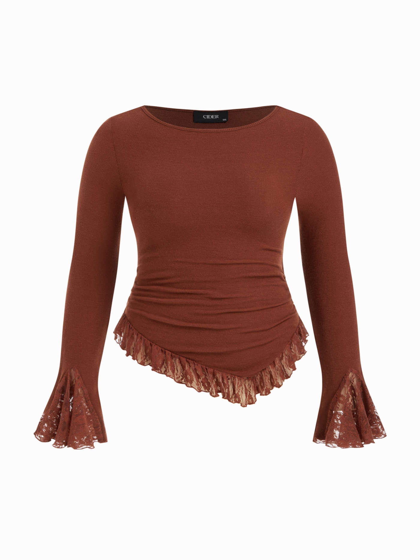 Mesh High Neck Lettuce Trim See-through Top Curve & Plus