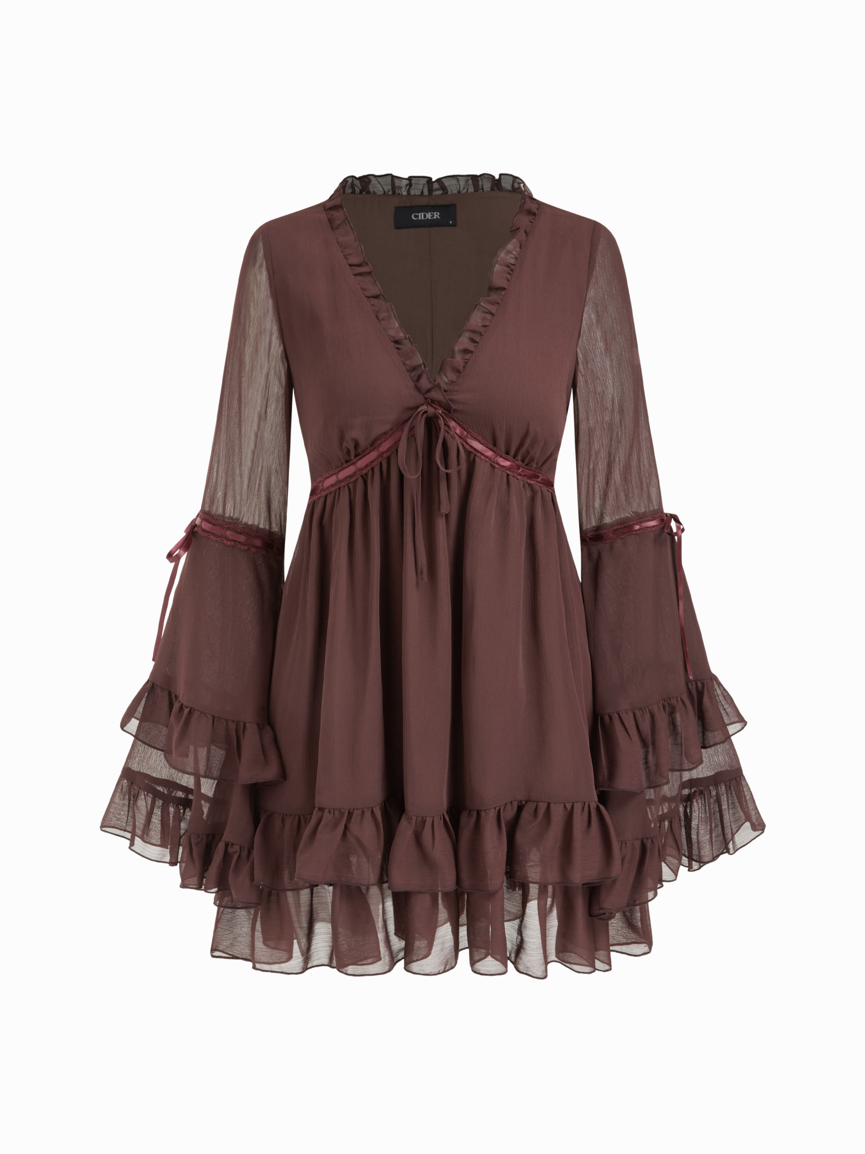 Chiffon V-neck Lettuce Trim Bowknot Ruffle Mini Dress
