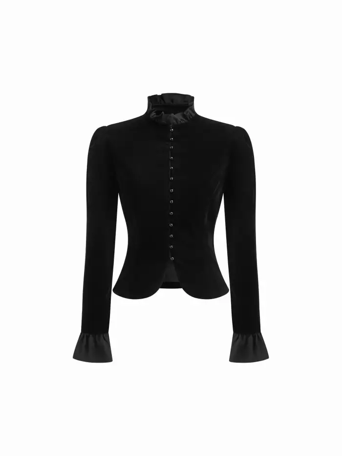 Velvet Stand Collar Lettuce Trim Bell Sleeve Jacket