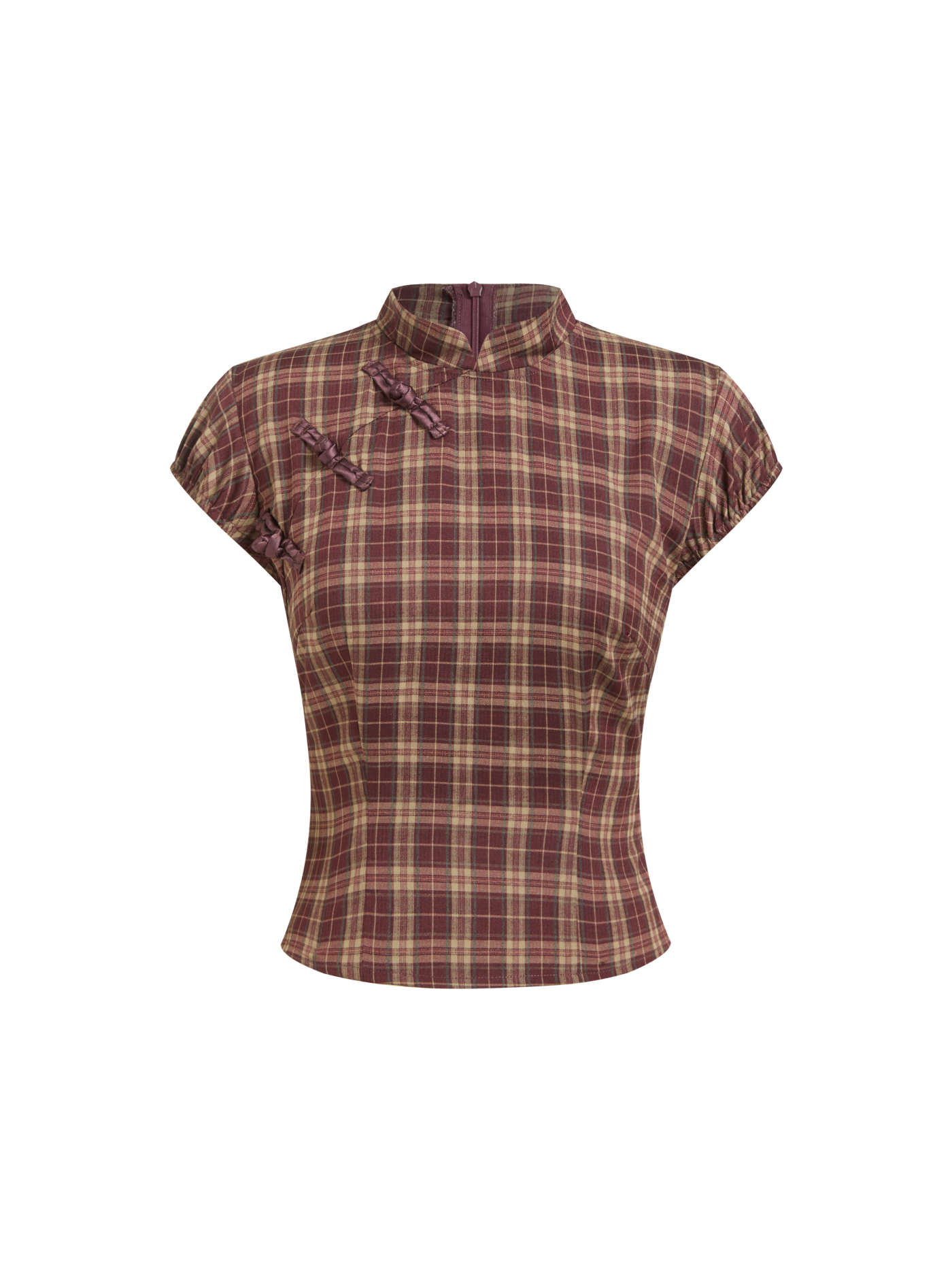 Mandarin Collar Plaid Top & Mid Rise Zipper Mini Skort Set