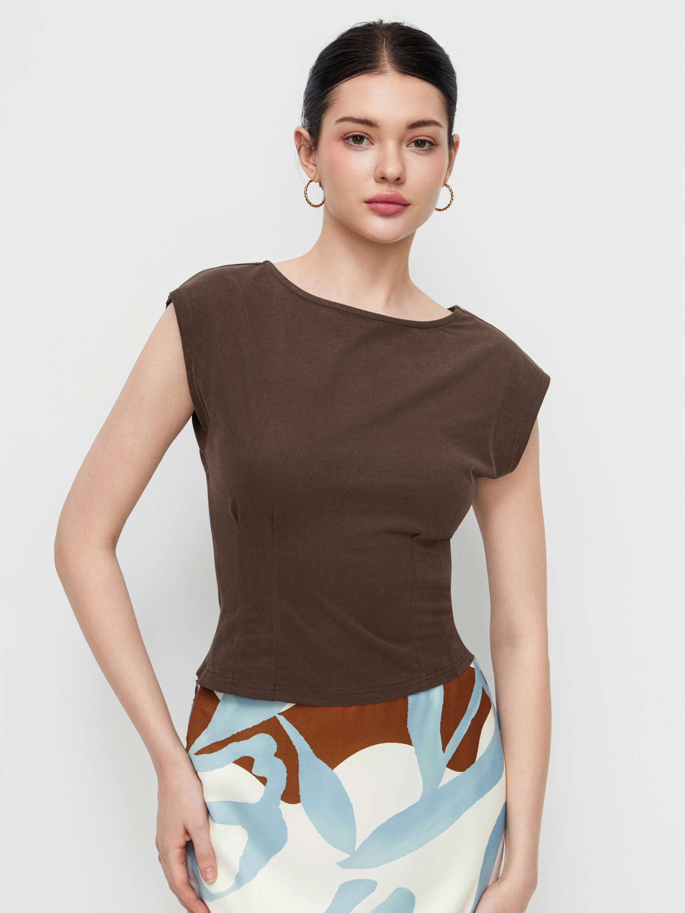Cotton-blend Boat Neck Cinched Waist Tee