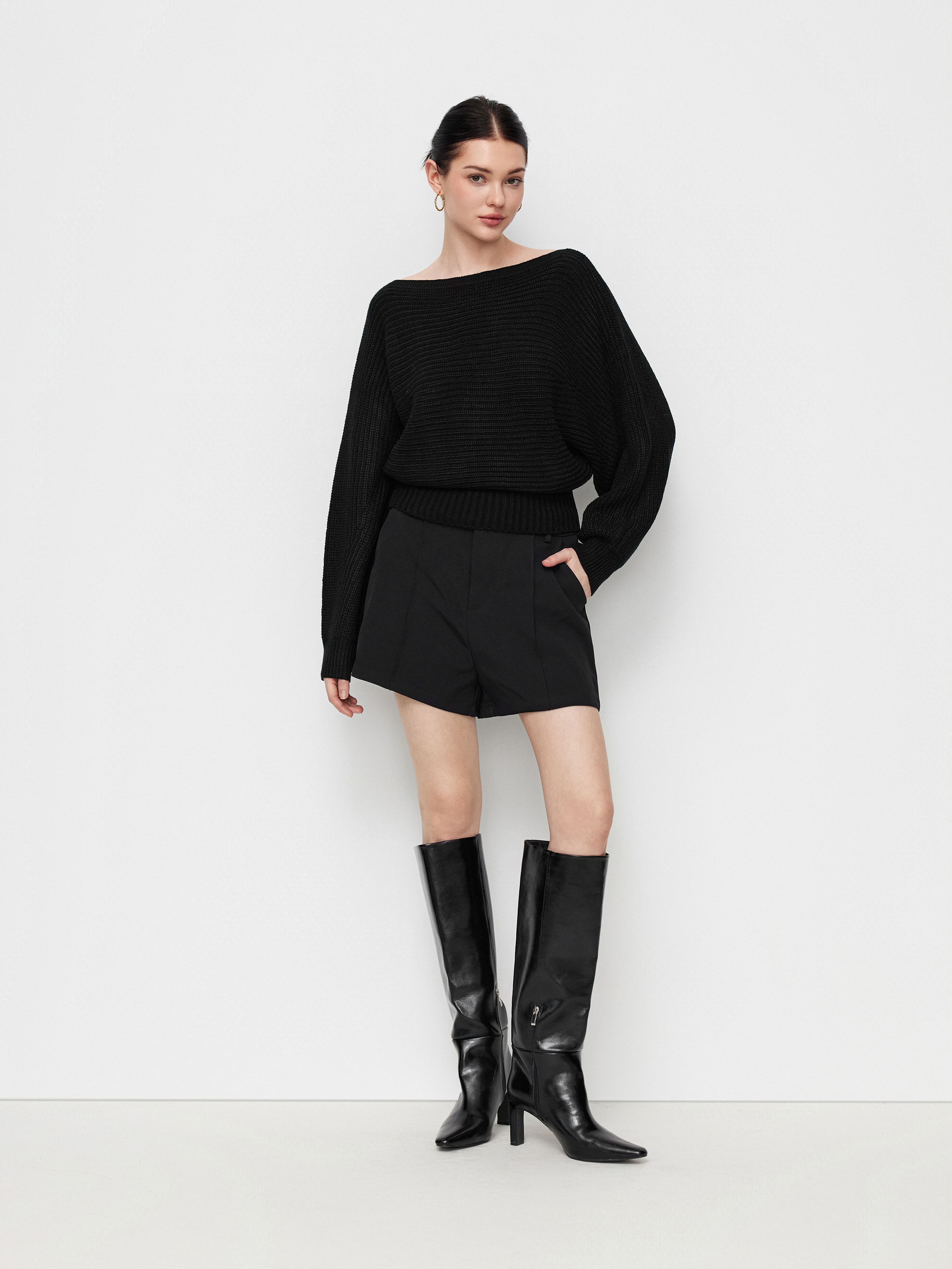 Knit Boat Neck Long Sleeve Cinched Waist Oversized Top