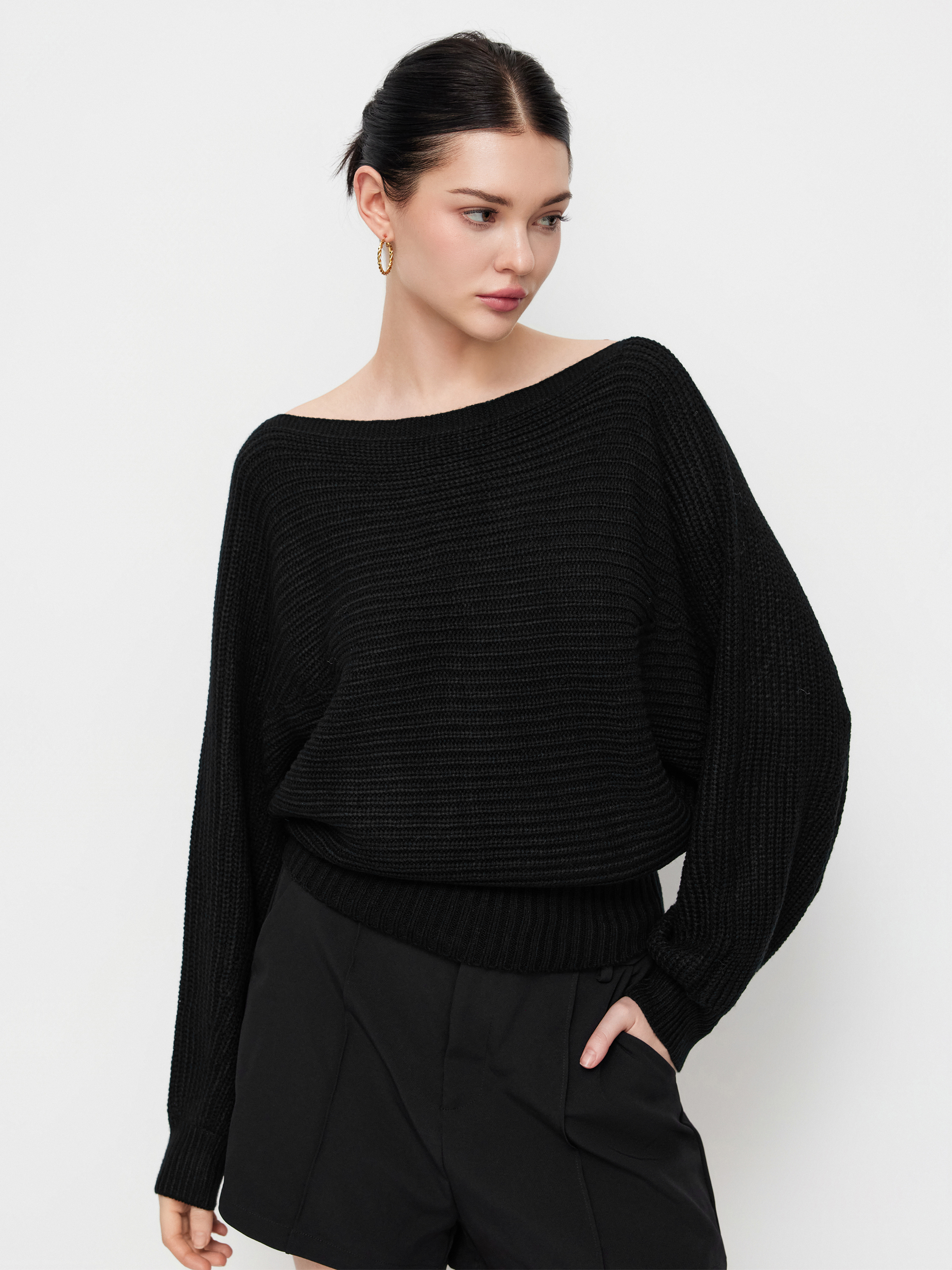 Knit Boat Neck Long Sleeve Cinched Waist Oversized Top