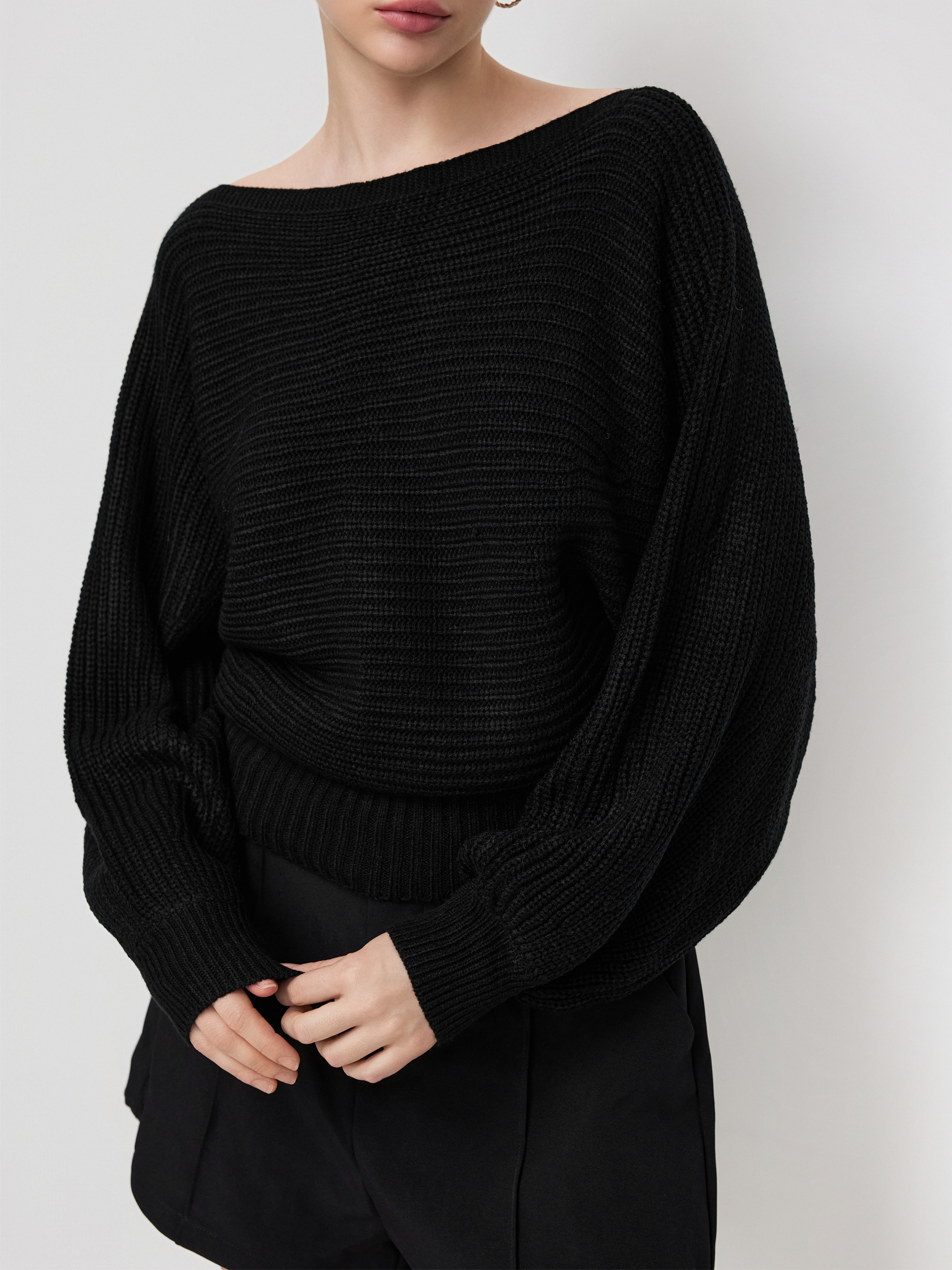 Knit Boat Neck Long Sleeve Cinched Waist Oversized Top