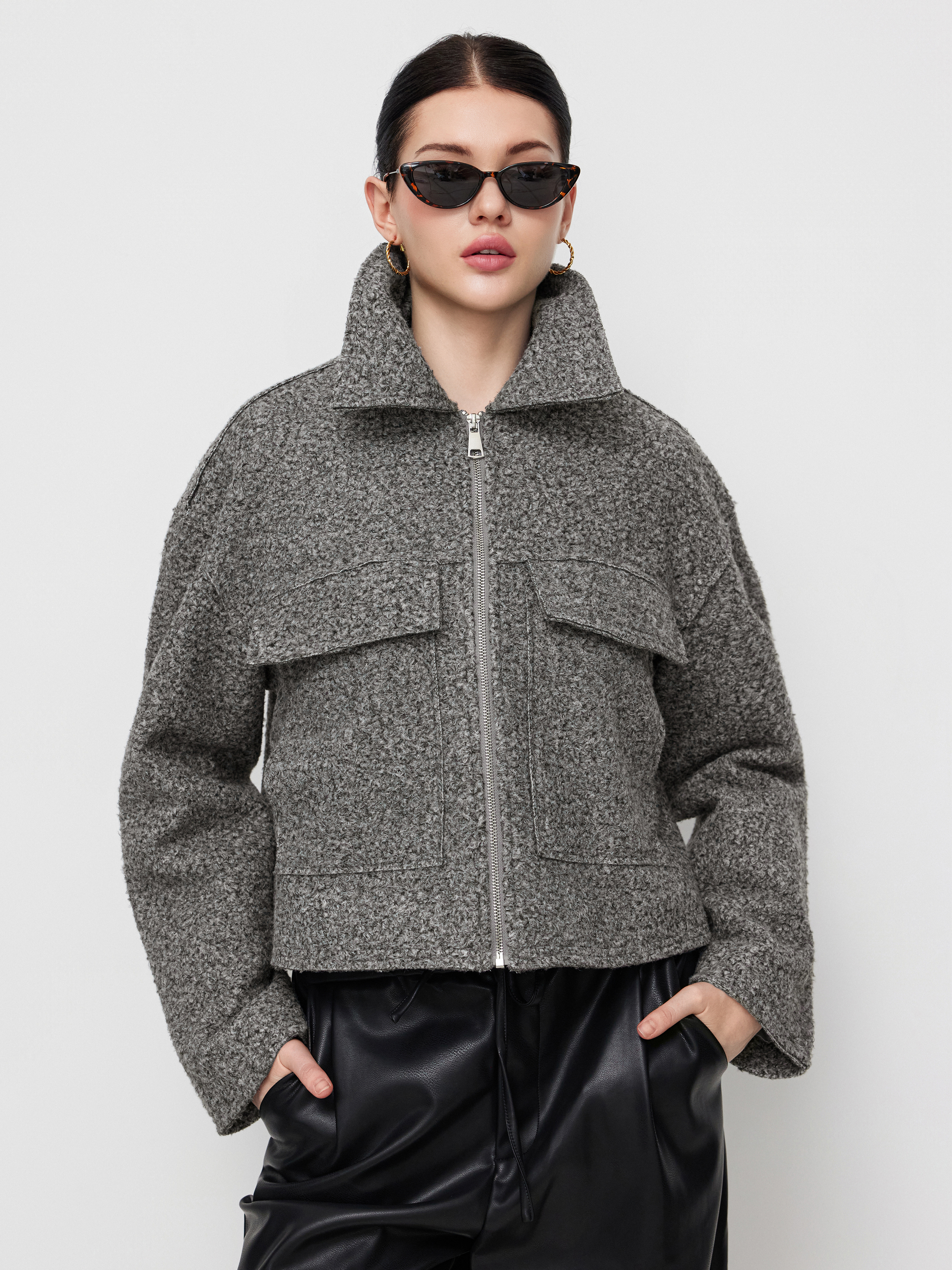 Wool-look Collar Zip Through Oversized Jacket