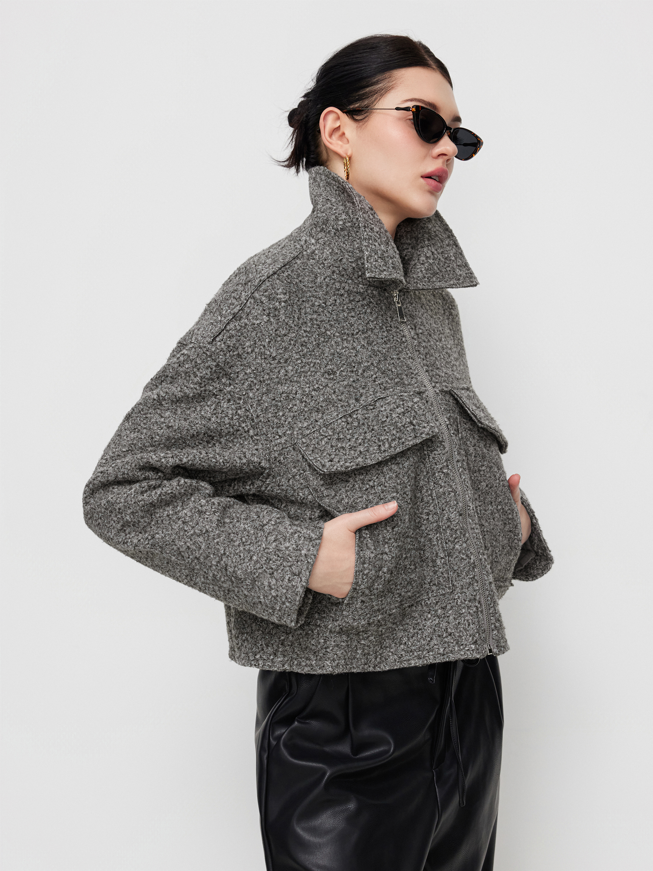 Wool-look Collar Zip Through Oversized Jacket