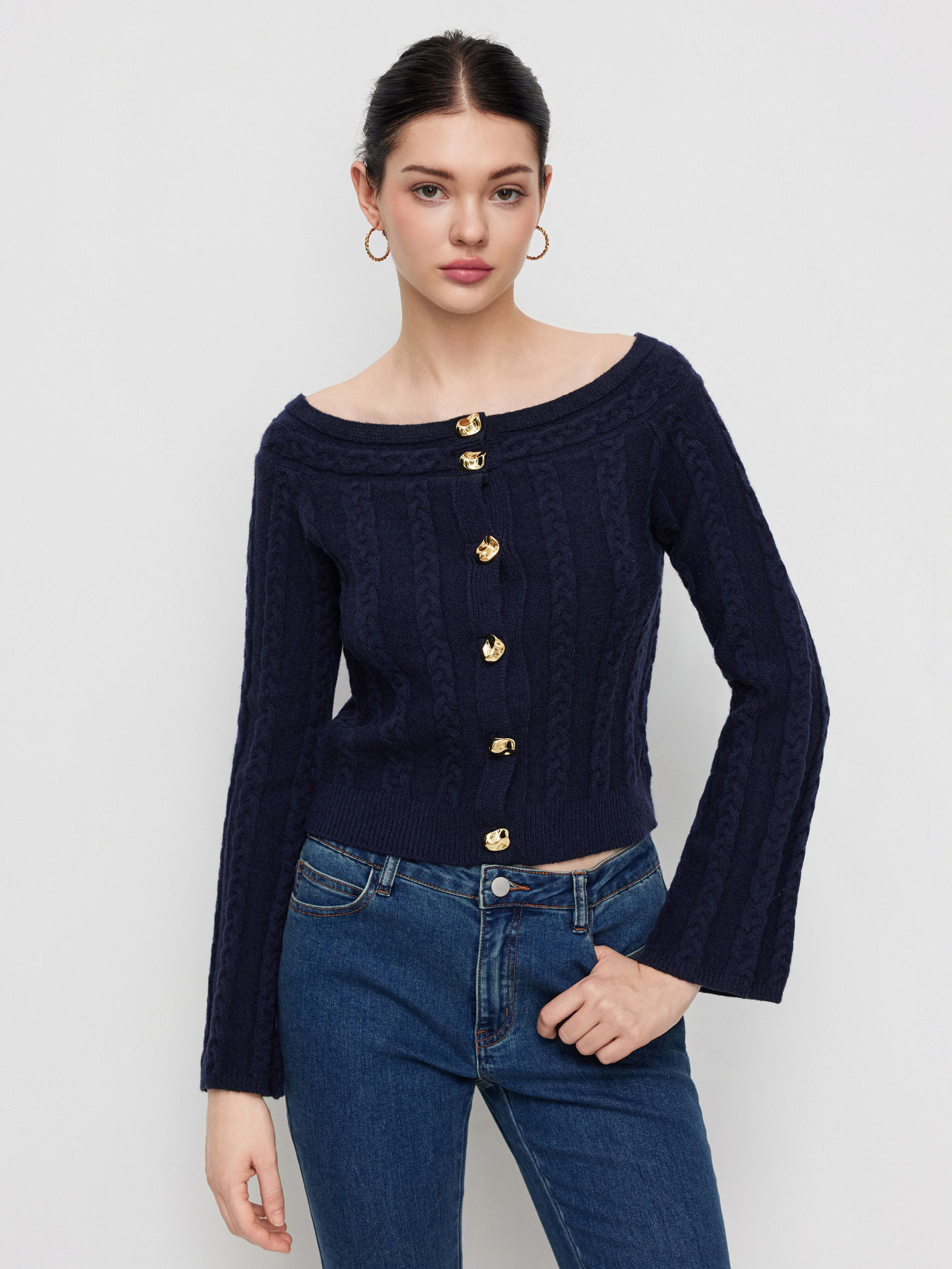 Multi-way Cable Knit Boat Neck Metal Detail Cardigan