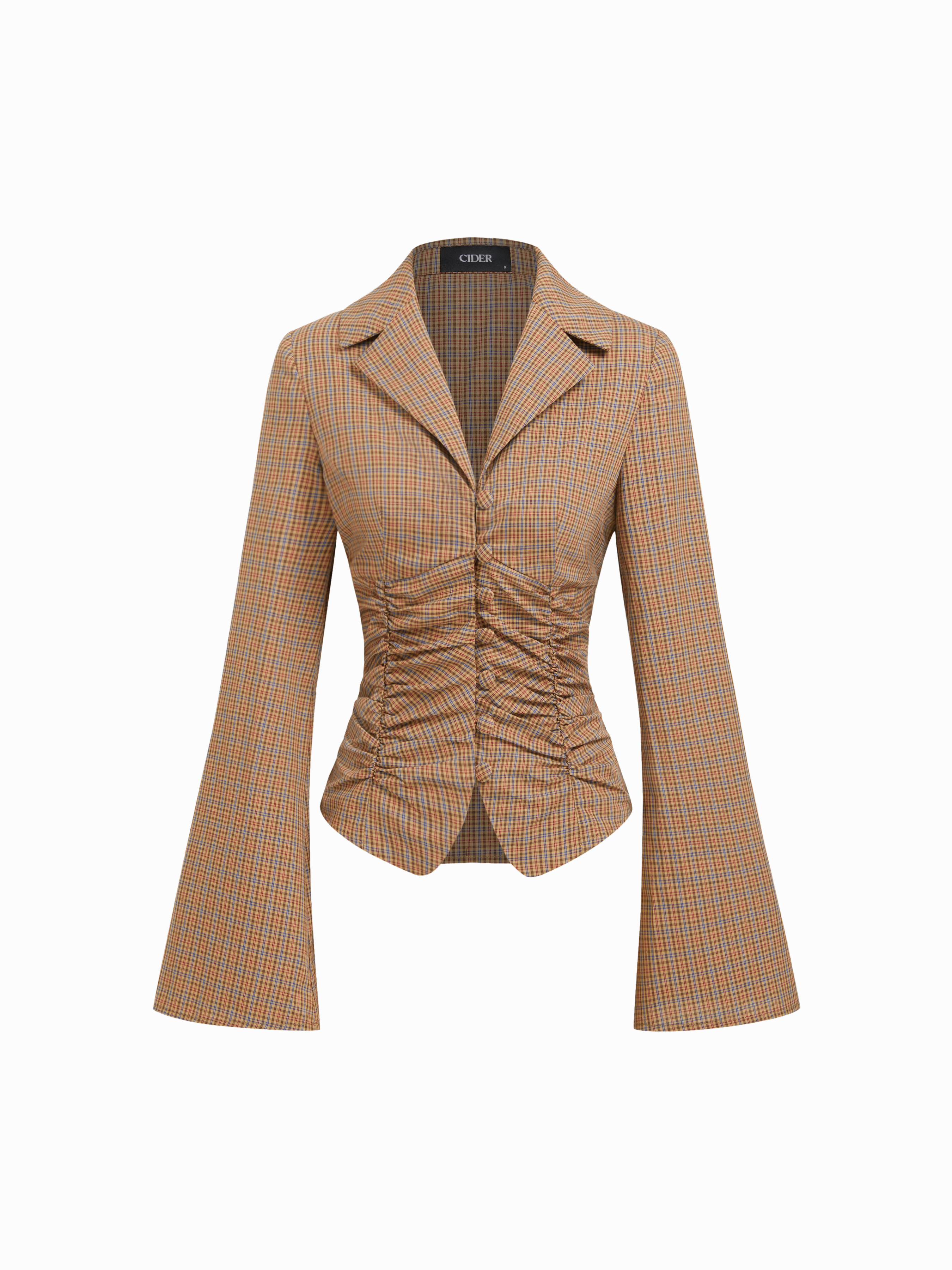 Tissé 100% Cotton Plaid Collar Bell Sleeve Ruched Cinched Waist Blouse For Décontracté quotidien