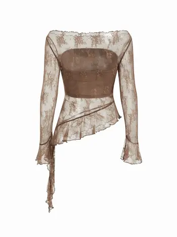 Top in pizzo con spalle scoperte, maniche lunghe e orlo a lattuga trasparente con fascia