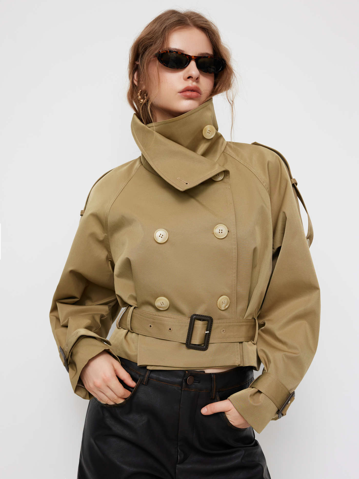 Funnel Collar Double Breasted Trench Coat With Belt