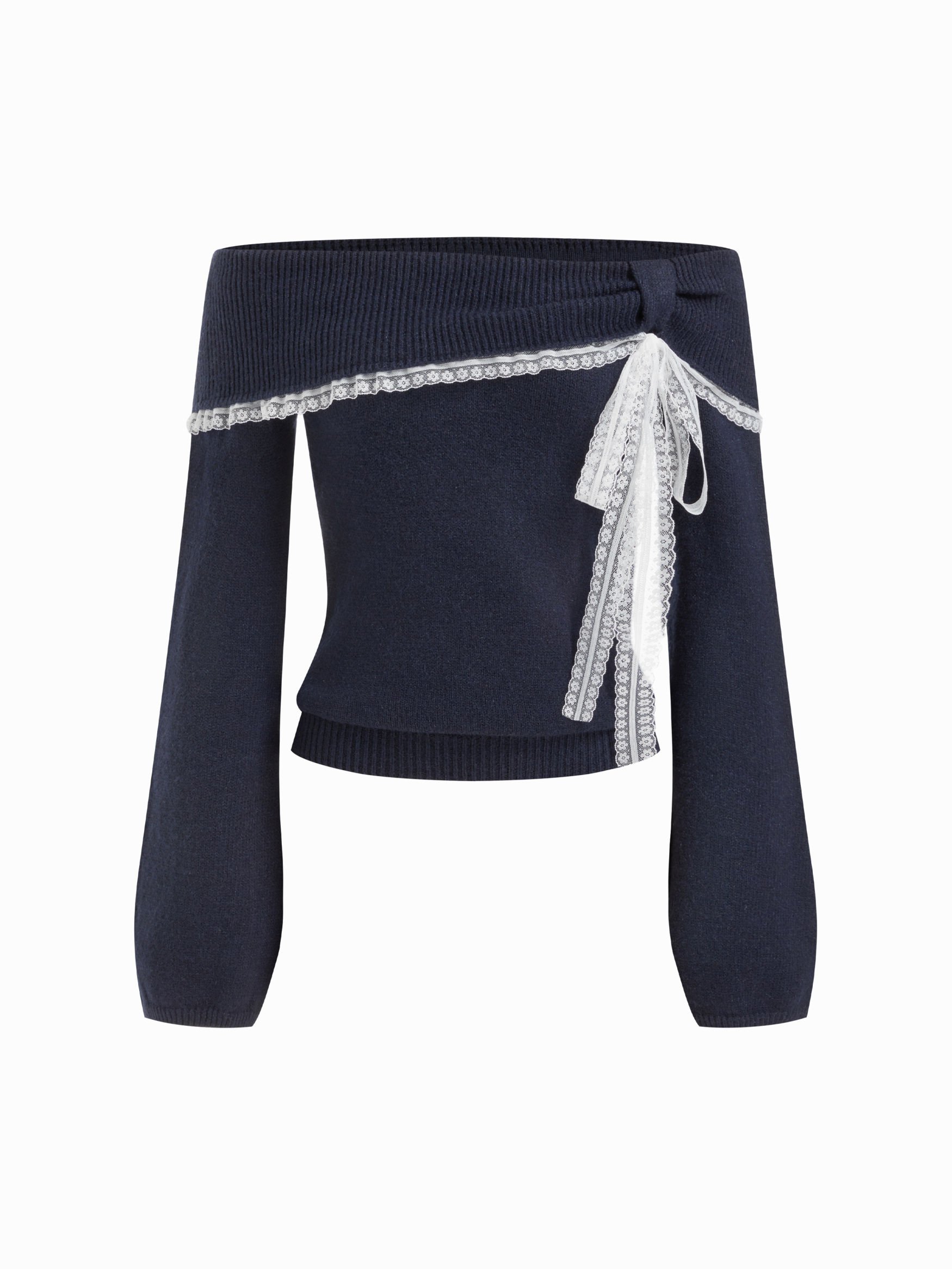 Knit Wool-blend Off-shoulder Lace Trim Long Sleeve Top