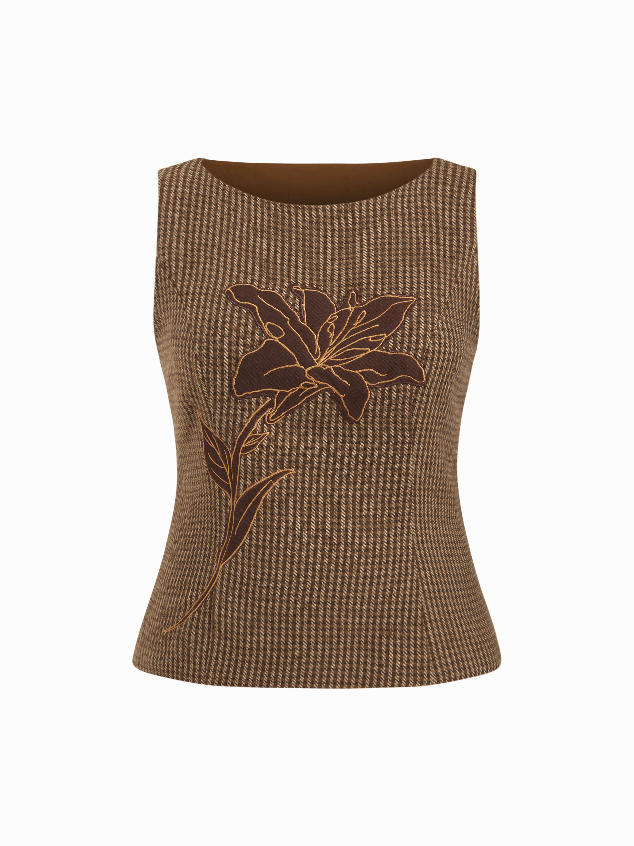 Tweed Floral Applique Check Boat Neck Top Curve & Plus